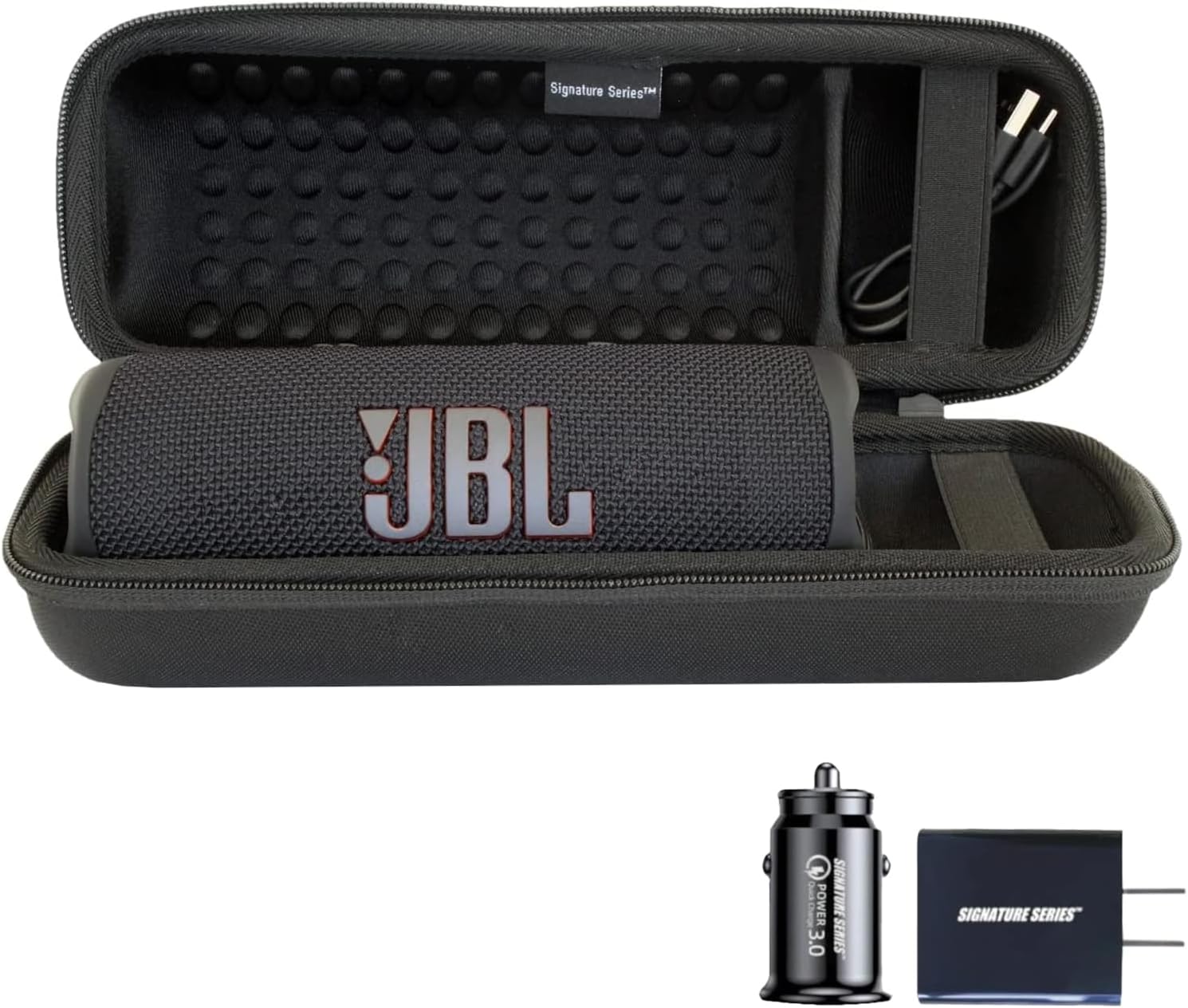 Signature Series Accessory Bundle for JBL Flip 6 Portable Bluetooth Speaker | Includes Signature Series Shockproof EVA Hard Case with Wall and Car Plugs (Black, Case Only)