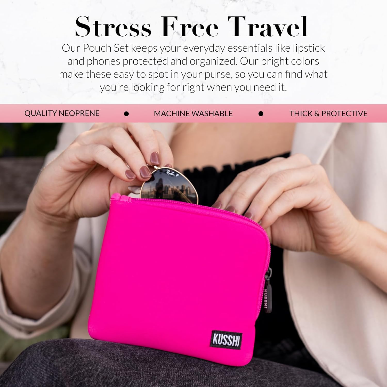 KUSSHI 2pc Neoprene On-The-Go Pouch Set - Passport Holder and Travel Zipper Makeup Pouch for Purse - Small Purse Pouch for Organization, Electronics, Glasses & Valuables (Pink)