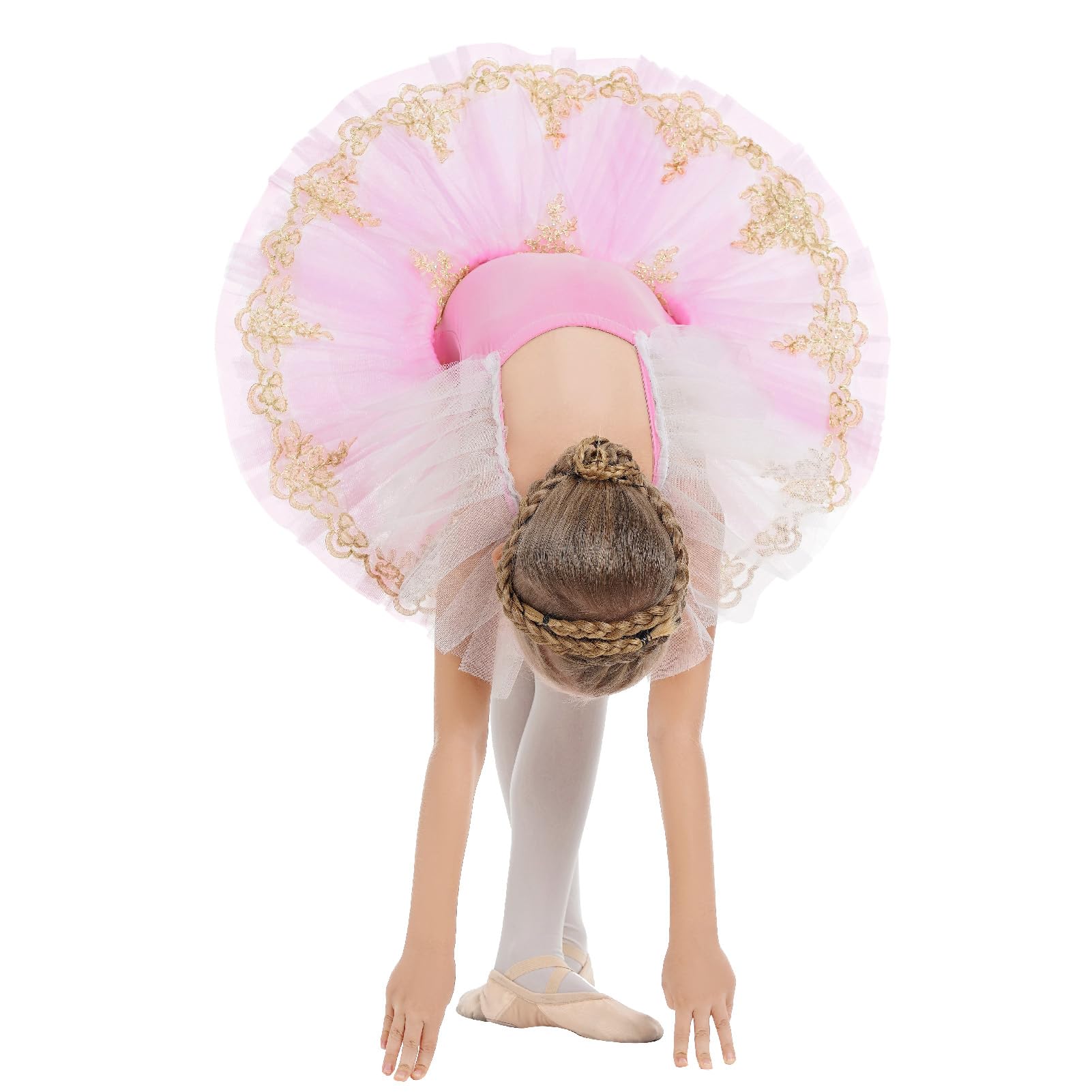 IWEMEK Robe de Ballet Fille Tenue Danse Classique avec Tutu Tulle Plateau Lac des Cygnes Justaucorps Broderies Perles Enfant Ballerina Princesse Costume Danseuse Manches à Volants 4-14 Ans