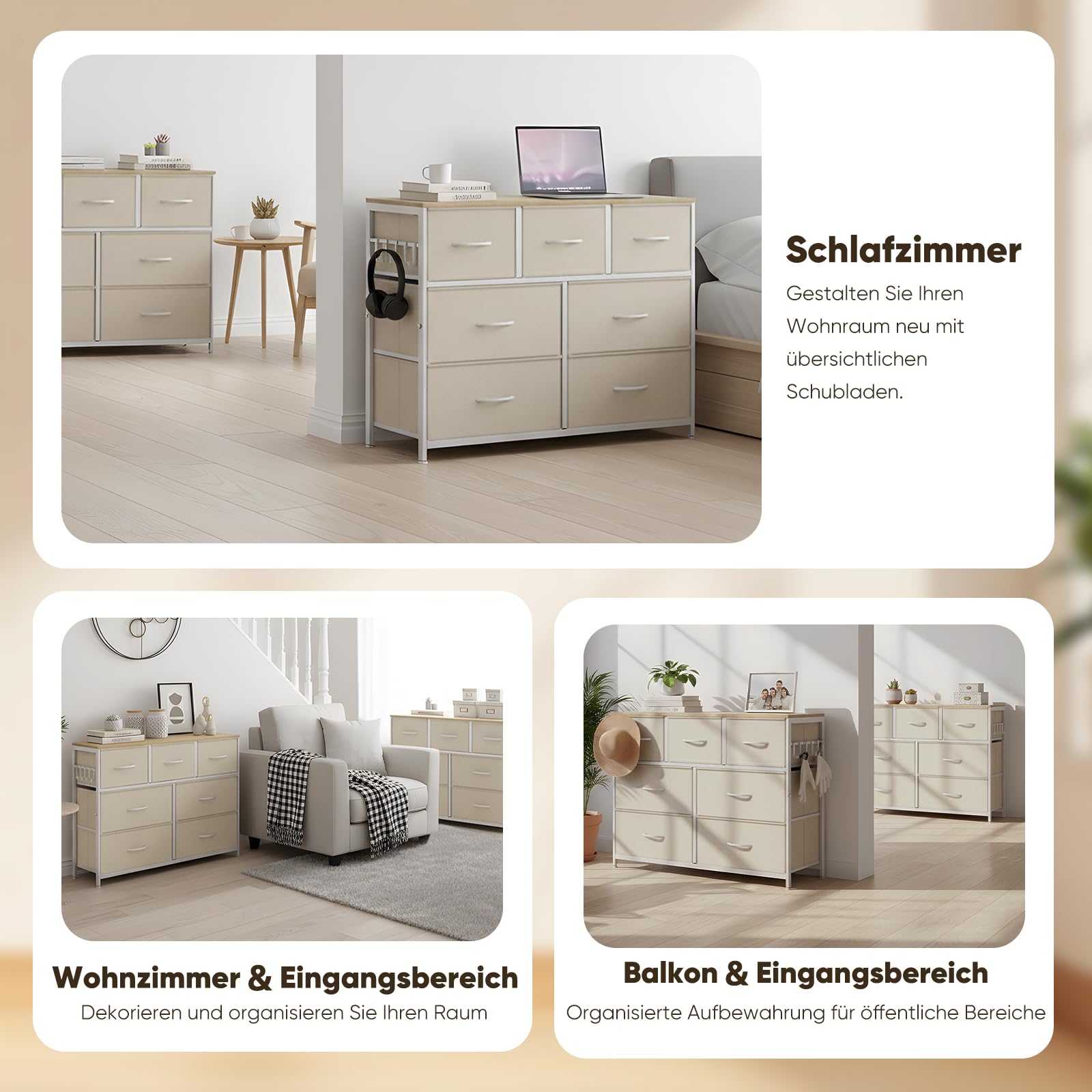 HOKEEPER Kommode 7 Schubladen Stoffbezug | Stoffschubladen, Holz, mit Schubladen, für Küche, für Schlafzimmer, für Flur, Beige, weiche Stoffschubladen