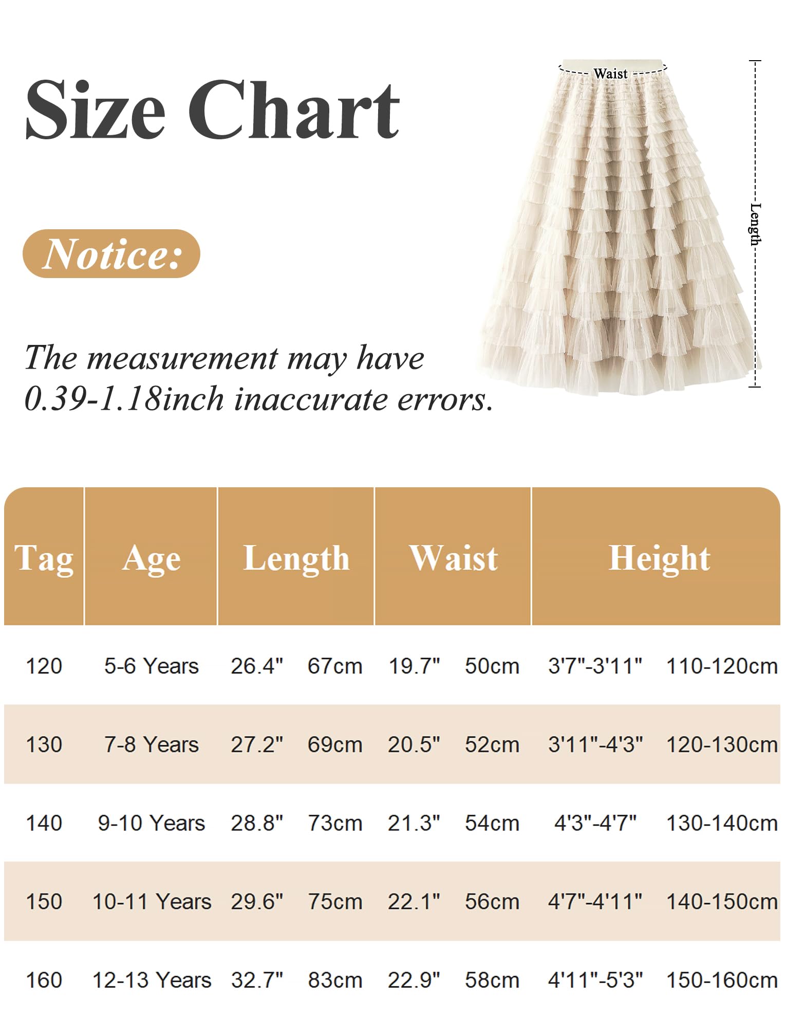 Maeau Jupe Tulle Longue pour Fille, Jupe Taille Élastique A-Line Oscillante, Jupes Dentelle Décontractée Élégante à Doublure Souple, Confort, 5–13 Ans/120-160cm