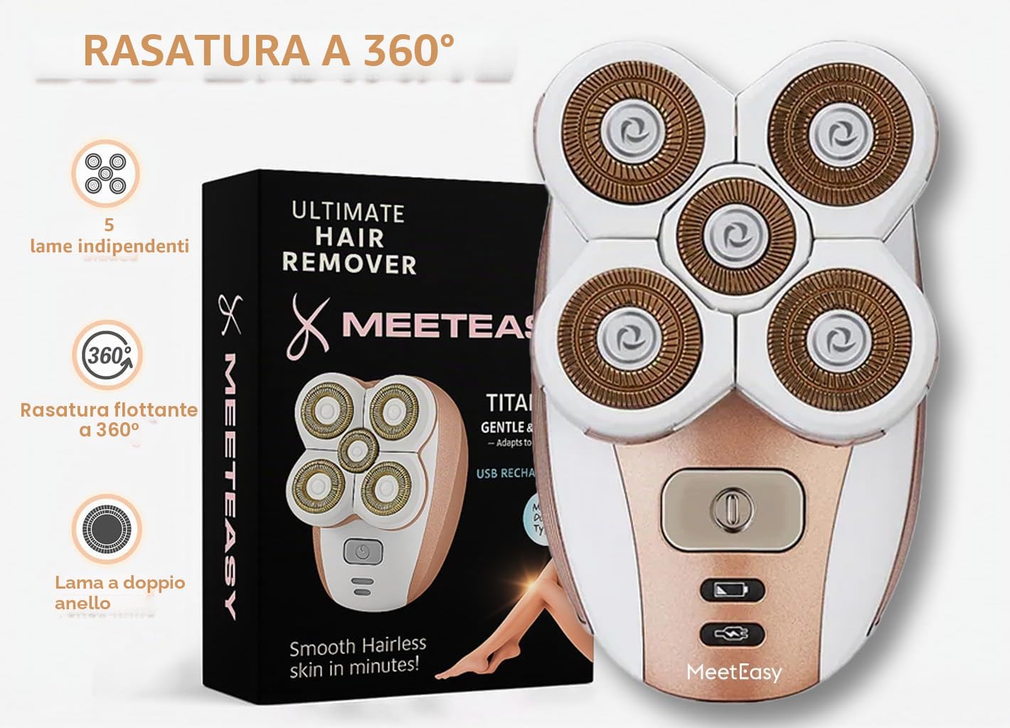 Depilatore elettrico da donna, senza fili, impermeabile, per viso, gambe, corpo, labbra, ascelle, indolore, con display a LED e blocco di sicurezza (oro rosa)