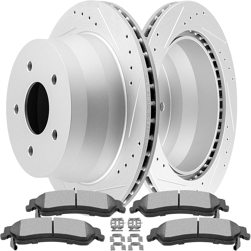 Kit de freios traseiros SCITOO com discos perfurados e ranhurados e pastilhas cerâmicas para Chevrolet, GMC, Isuzu e Oldsmobile – 2 discos e 4 pastilhas