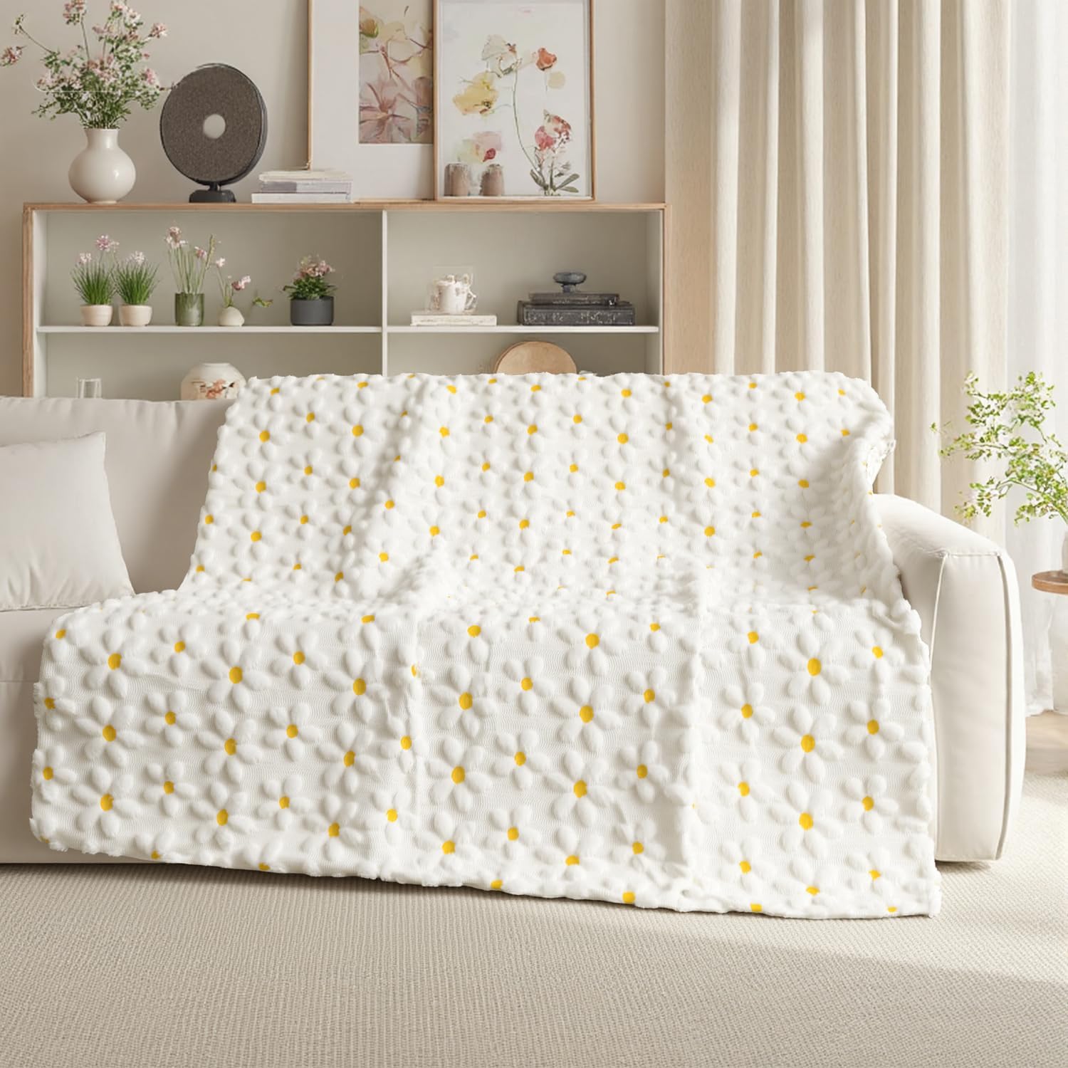 Horaldaily Spring Summer Throw Blanket, White Daisy Soft Fuzzy Plush Faux Fur Cozy Blankets for Couch Sofa Bed Lounging, Ideal Gifts for Kids Adults Wife Self, 50x60 White Daisy Throw(50x60'')