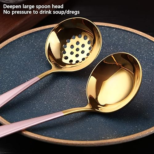 Miniatura 6 de Cuchara de acero inoxidable, 2 cucharaditas lindas con 1 cuchara de sopa para postre para sopa (oro rosa)