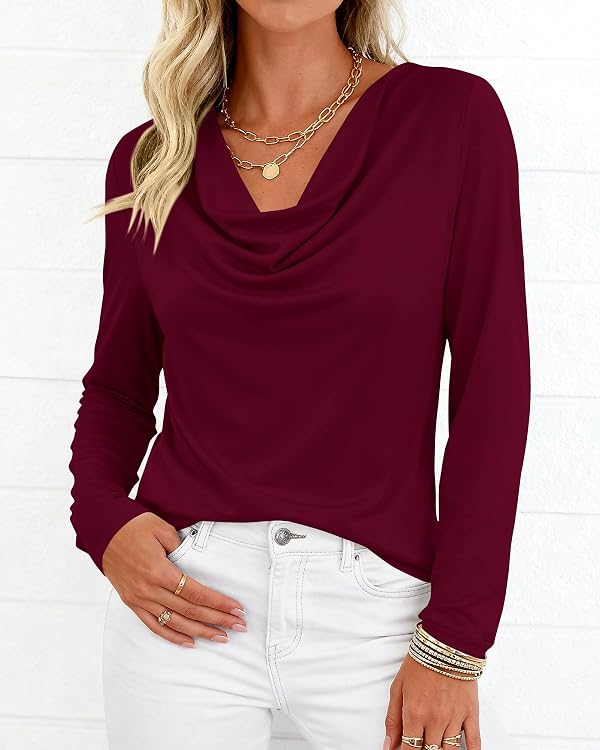 PRETTYGARDEN Womens Spring Tops 2026 Dressy Cowl Neck Long Sleeve Shirts Loose Business Casual Blouses Teacher Tunic Top(Burgundy,Small) by PRETTYGARDEN - Used condition - Image 4