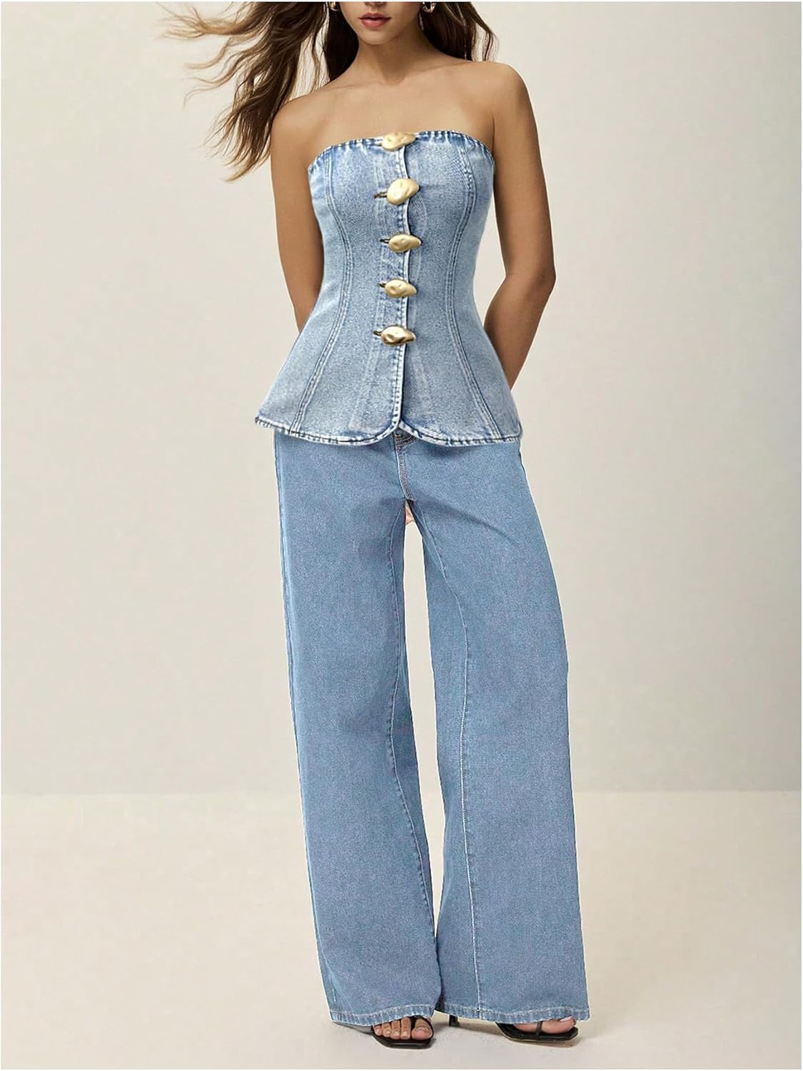 Milumia Women's Metal Button Front Denim Tube Top Elegant Sleeveless Bandeau Tops