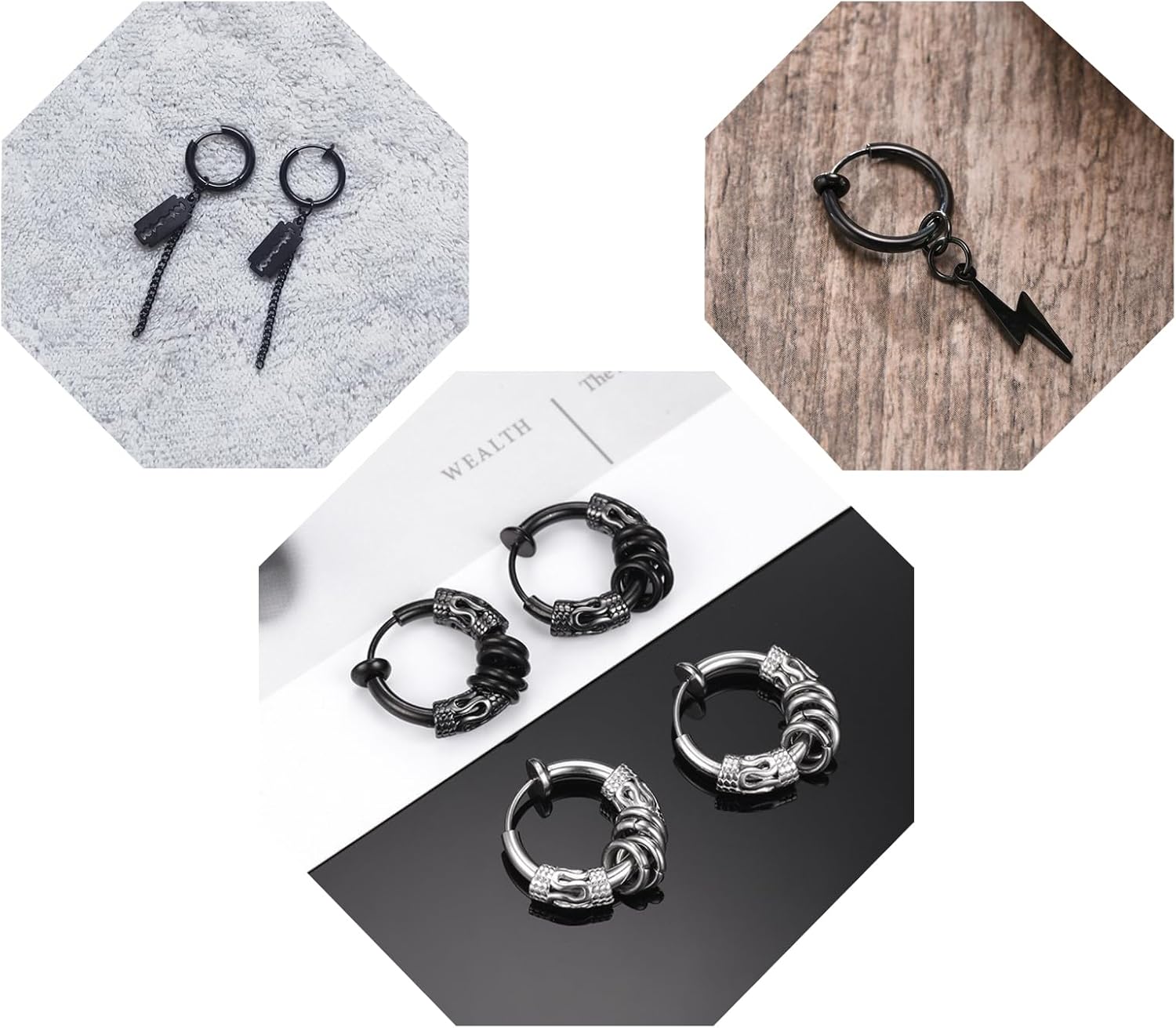 5 Pairs Black Stainless Steel Non-Piercing Spike Rivet Cross Dangle Tassel Clip on Hoop Earrings Set for Women Men Boy Girl, Non Pierced Fake Ear Clip Stud Earrings - Image 4