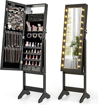 GOFLAME Jewelry Armoire Cabinet Standing, Lockable Full Length Mirror with Storage Shelves and 2 Drawers, Adjustable Tilt Angles, Stand Up Jewelry Box with Lighted Mirror Black