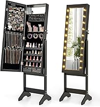 GOFLAME Jewelry Armoire Cabinet Standing, Lockable Full Length Mirror with Storage Shelves and 2 Drawers, Adjustable Tilt Angles, Stand Up Jewelry Box with Lighted Mirror (Black)