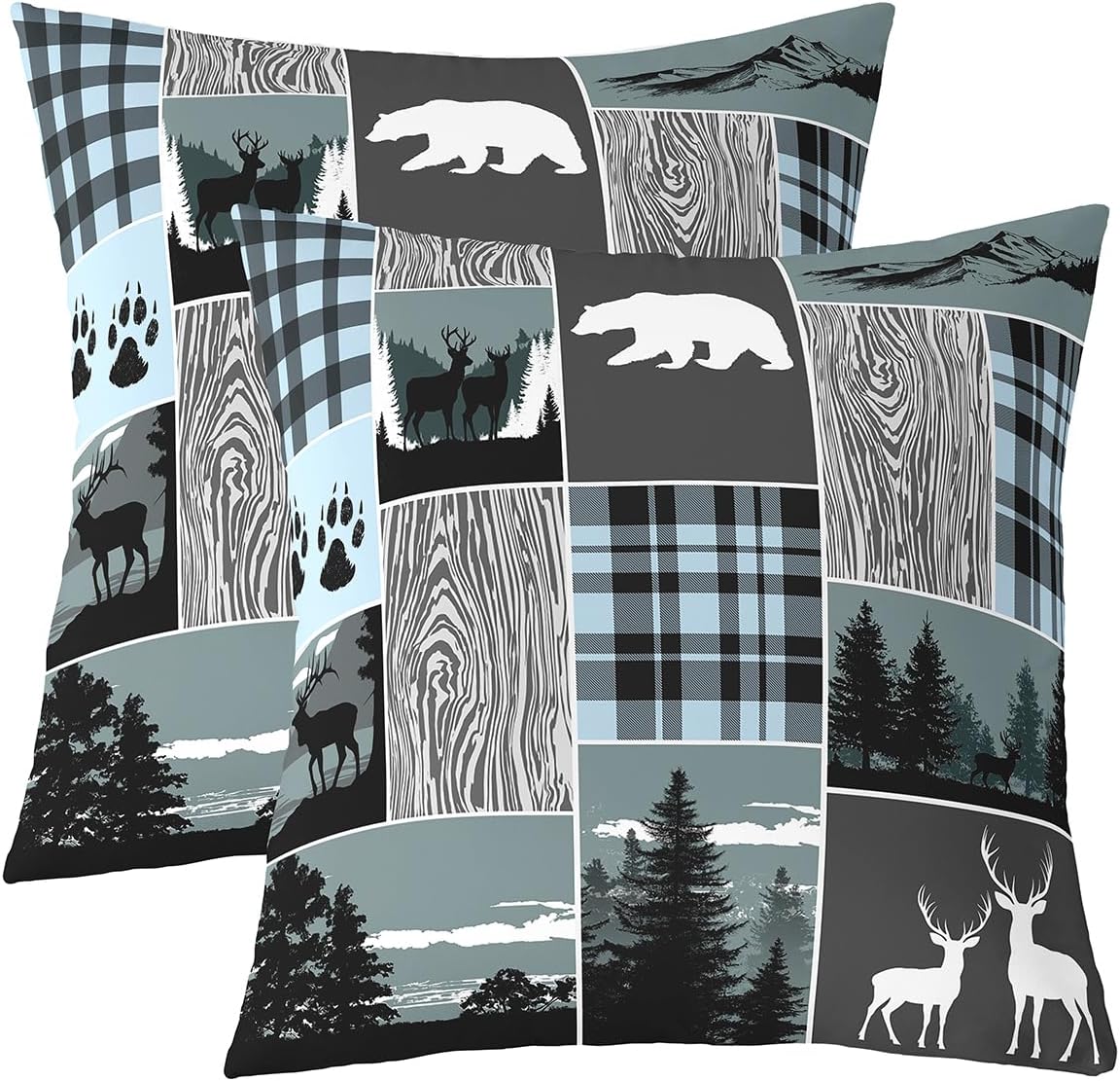 Plaid Bear Cabin Throw Pillow Covers, Rustic Farmhouse Camper Pillow Covers 24x24 Set of 2, Gray Blue Hunting Deer Decorative Pillow Covers, Woodland Lodge Wild Animal Cushion Cases for Bed Couch