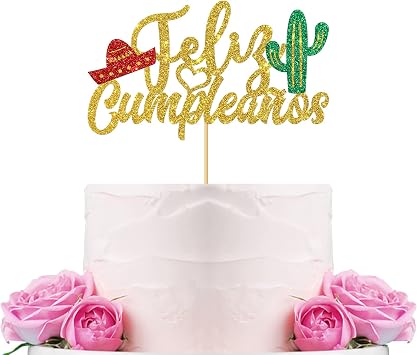 WeBenison Feliz Cumpleanos Cake Topper Fiesta Theme Happy Birthday Cake Supplies Spanish Birthday Party Decorations Gold Glitter
