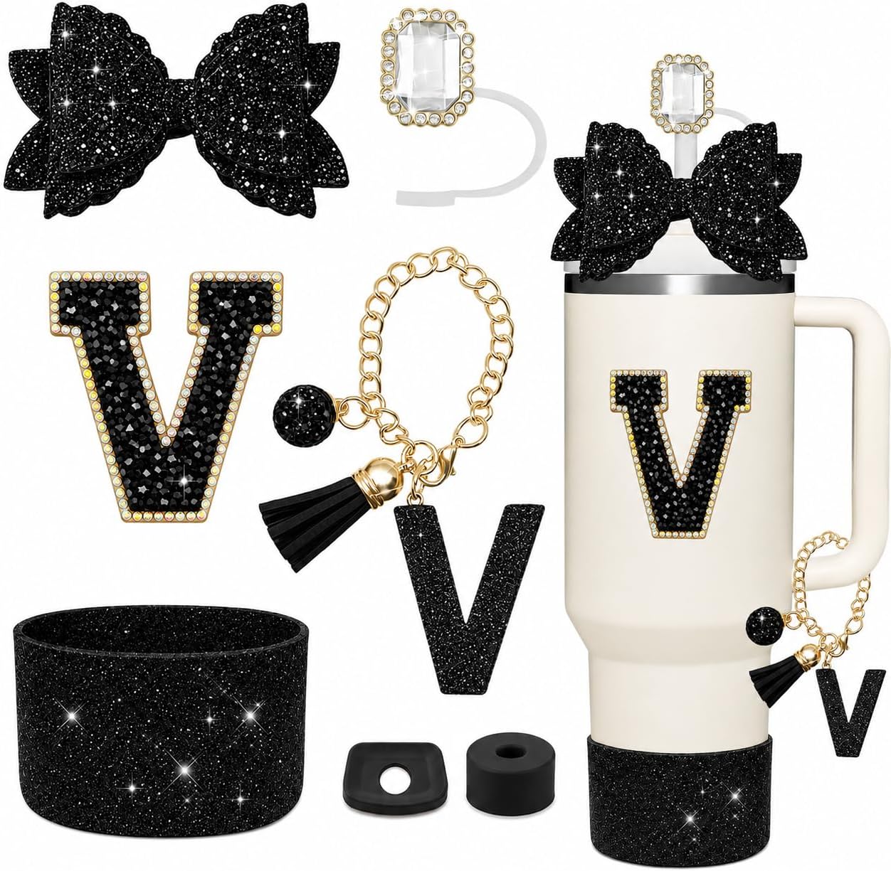 7PCS Black Stanley Cup Accessories Set, Initials Decorations for Stanley Cup 30oz 40oz, Includes Jewel Straw Topper,Spill Proof Stopper, Handle Charm,Sparkly Silicone Boot,Letter Sticker,Bow (Black V)