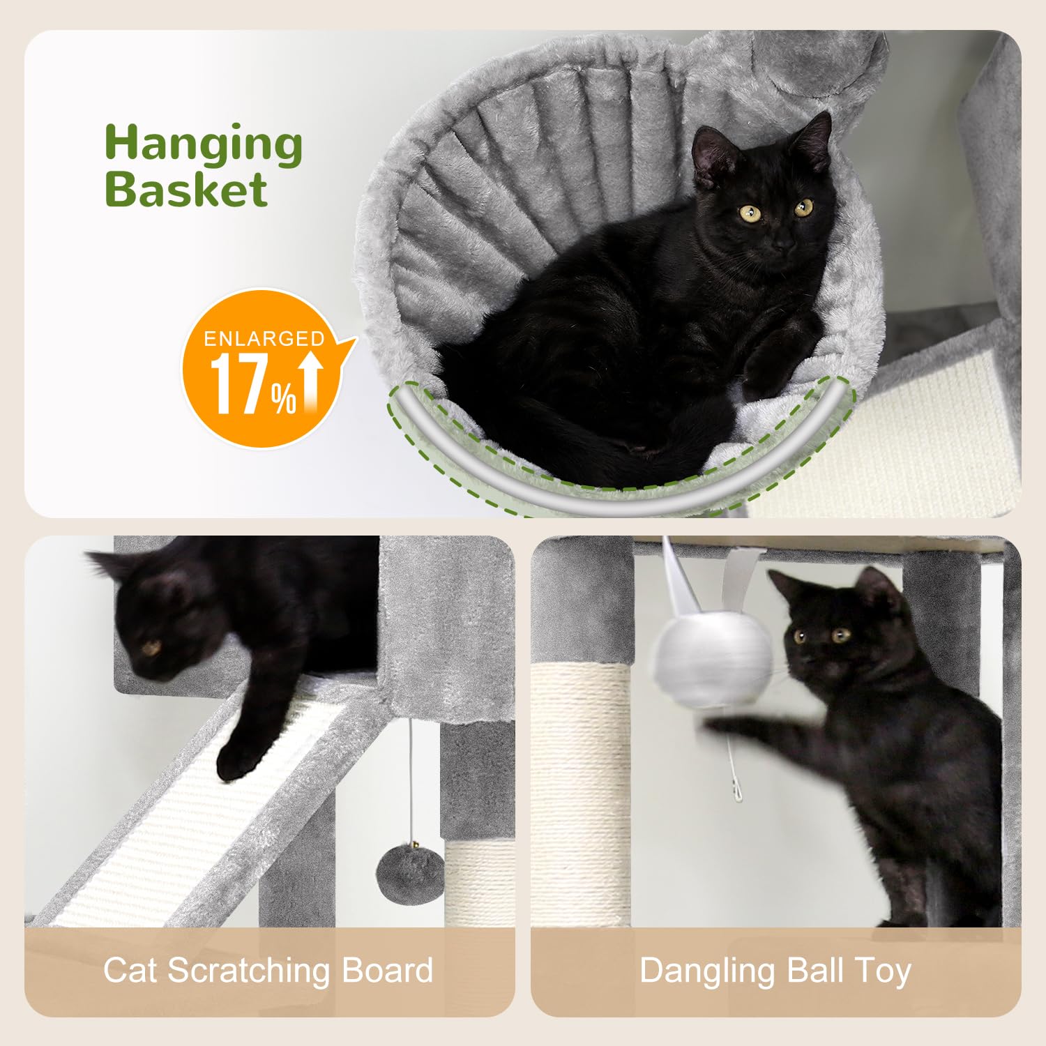 Globlazer Rascador para Gatos con Grandes Nidos Plataformas Acolchada Cesta Tabla Rascar Sisal Peluche Juguete, Árbol Rascador Estable Alto 116 cm para Gatito Grande Gato Viejo (S45, Gris Claro)