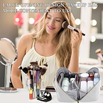 Large Capacity Travel Cosmetic Bag - Makeup Bag, Portable Leather Waterproof Women Travel Makeup Bag Organizer with Handle and Divider, Flat Lay Checkered Cosmetic Bag White, white