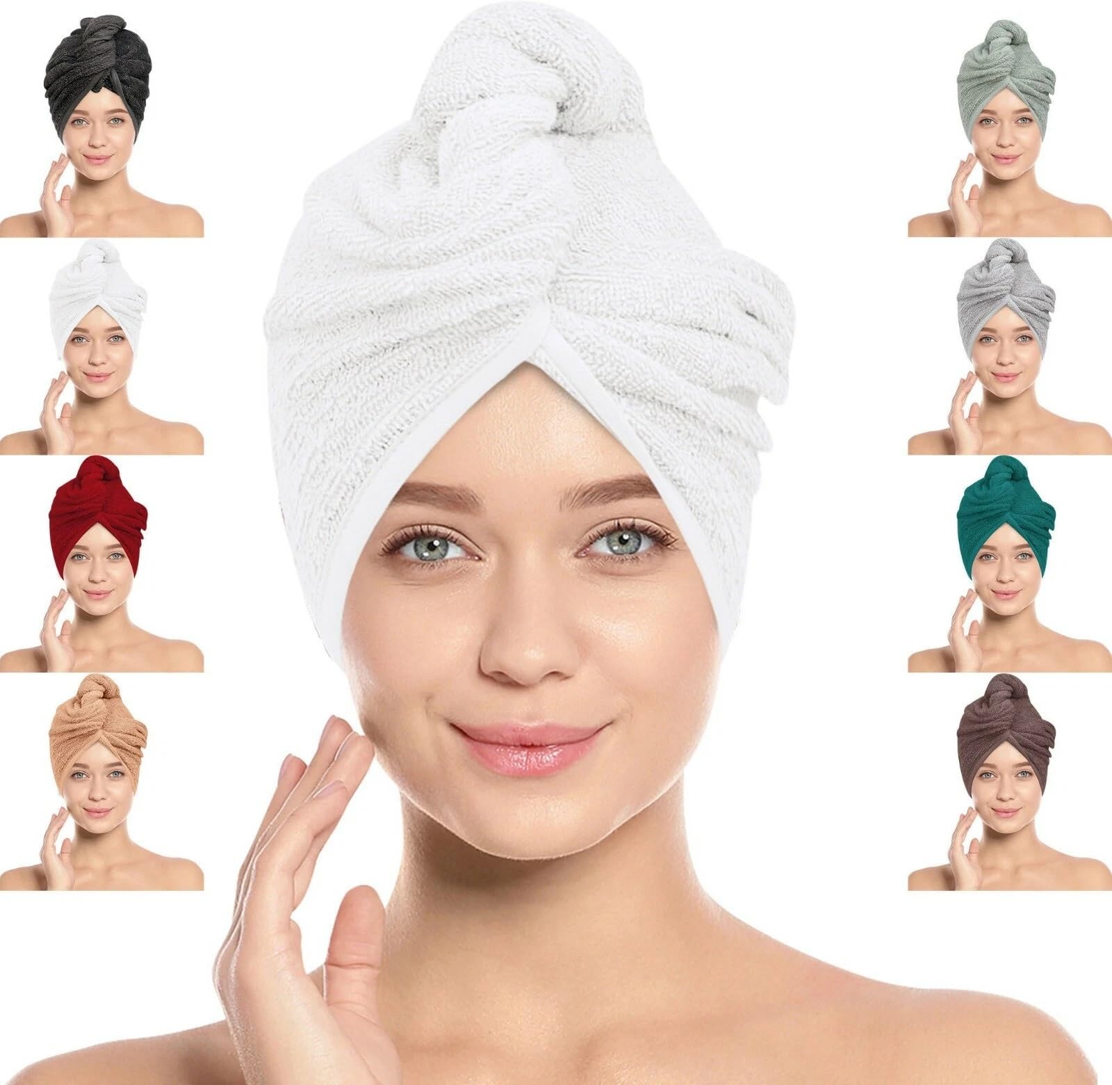 BAVIN Hair Towel Wrap, 100% Pure Cotton, Rapid-Dry Hair-Drying Turban, Ultra Soft and Quick Drying Absorbent, Anti Frizz Hair Large Towel with Button Loop, 66cm x 26cm (White, Pack of 2)