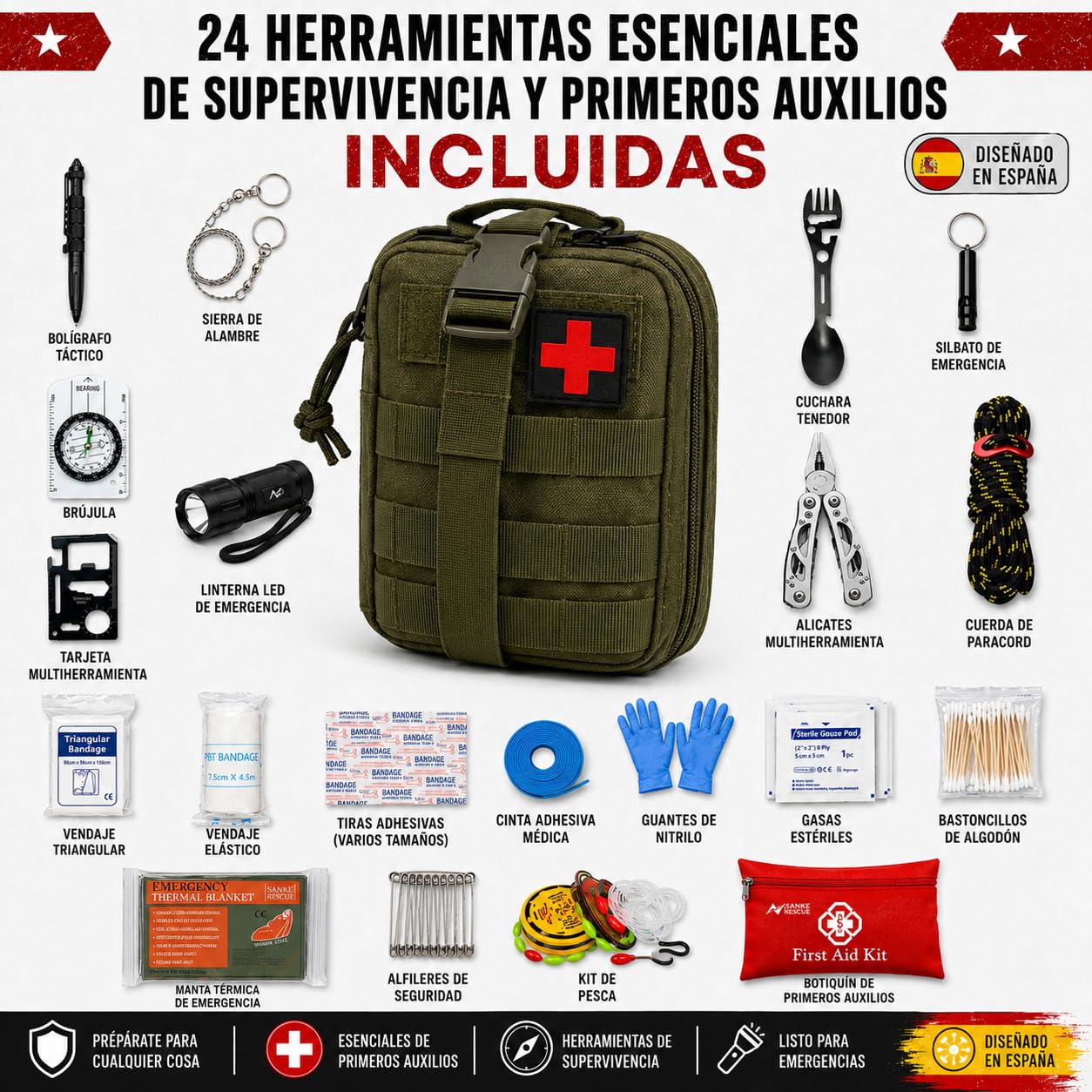 Kit de Supervivencia Completo UE 2026, Mochila Supervivencia 72 Horas Equipada con Camping Gas Portatil, Kit Supervivencia Catastrofe, Botiquín Táctico con Radio Sola, Alicates, Tijeras y Silbato