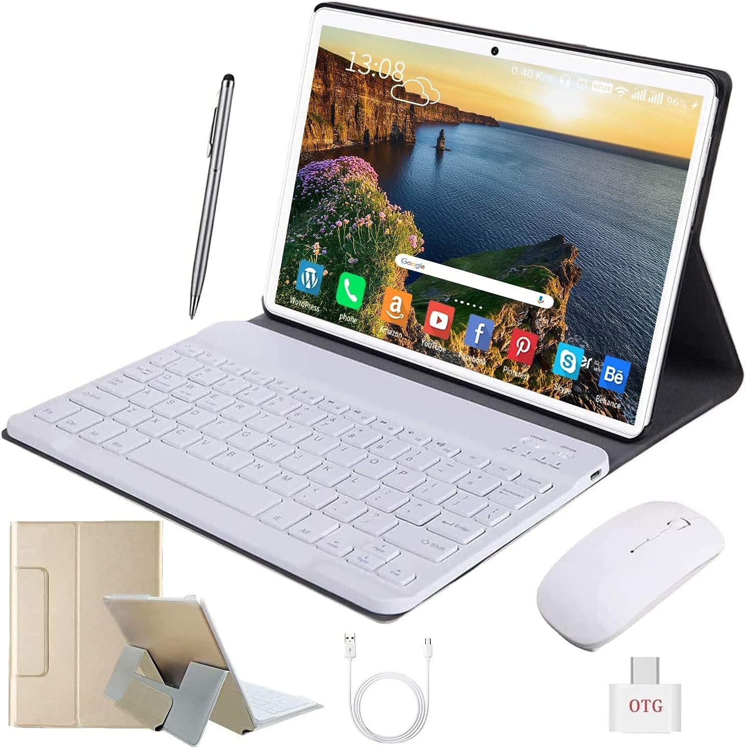 DUODUOGO 10 Inch Tablet Android 10.0 4GB RAM 64GB ROM + 128GB Expanded with IPS Screen HD Quad Core 1.6GHz Dual LTE SIM Tablets with WIFI | 8000mAh | Bluetooth | GPS | with Keyboard and Mouse (Gold)