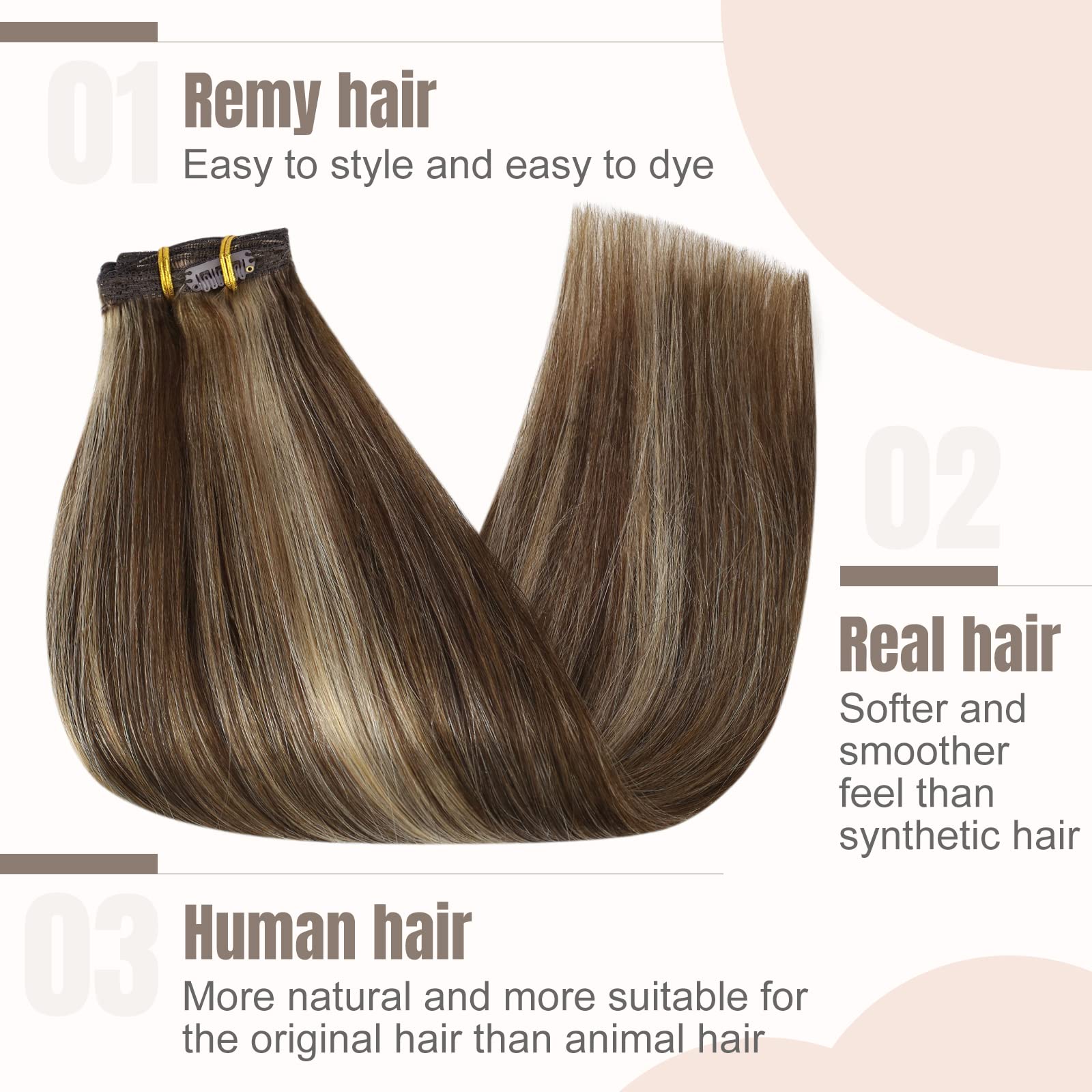 Fshine Clip in Hair Extension 7pcs 120g Medio Marrone e Caramello Biondo Highlights 40cm Balayage Extension Capelli Veri Clip Remy Umani Professionali Capelli per Donne Real Human Hair