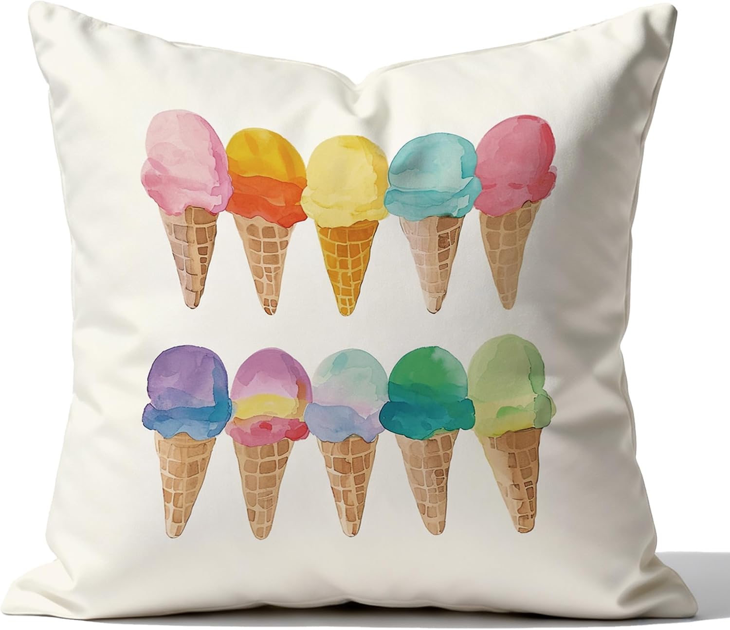 Summer Ice Cream Gifts Pillow Cover 18x18 Double-Sided, Ice Cream Lover Gifts, Colorful Watercolor Ice-Cream Decorative Pillowcase Throw Pillow Cover for Couch Bed