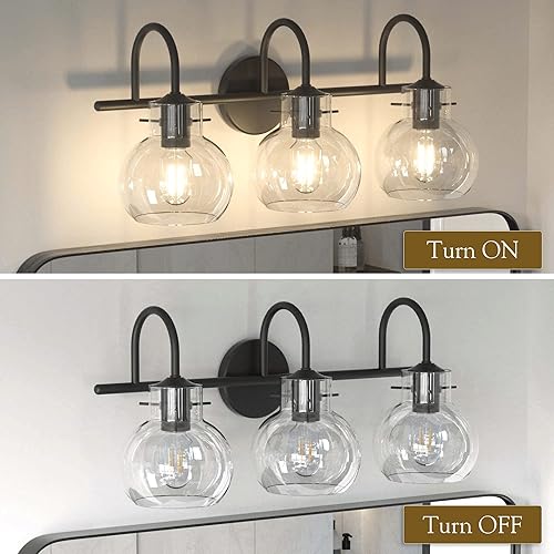 Miniatura 8 de Lámpara de tocador negra, moderna lámpara de baño de 3 luces sobre el espejo, lámpara de tocador de baño negra mate con pantalla de vidrio globo,