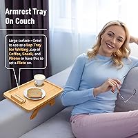 Vista 2 de SINWANT Bandeja de brazo de sofá, clip de sofá de bambú en la mesa auxiliar, mesa plegable con soporte para teléfono de 360°, bandejas de alimentos