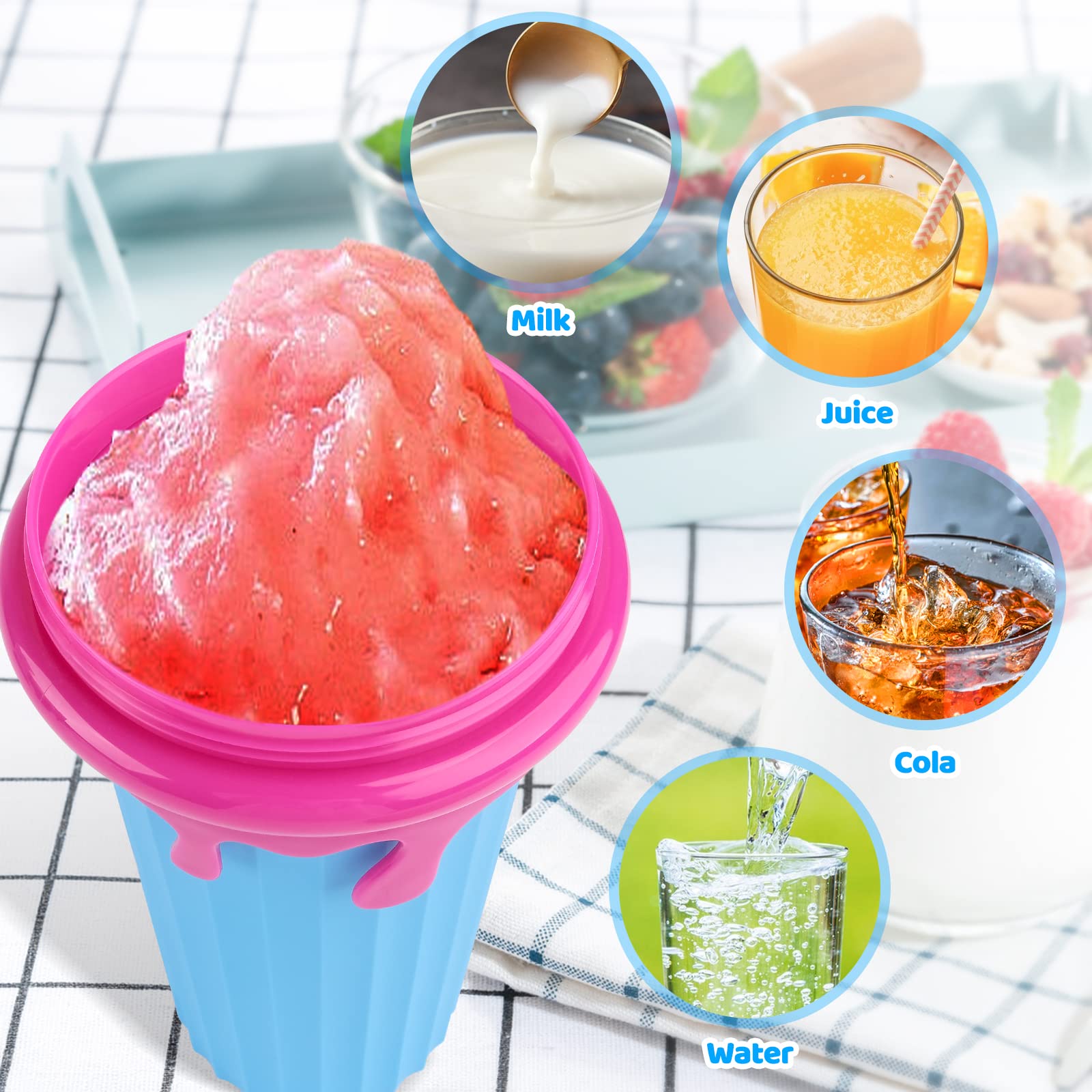 Slushy Maker Cup, 500 ML Frozens Squeeze Cup in Silicone con Cannuccia e Cucchiaio 2 in 1, Bicchiere da Ghiaccio Slushy con Spazzola per la Pulizia - Blu