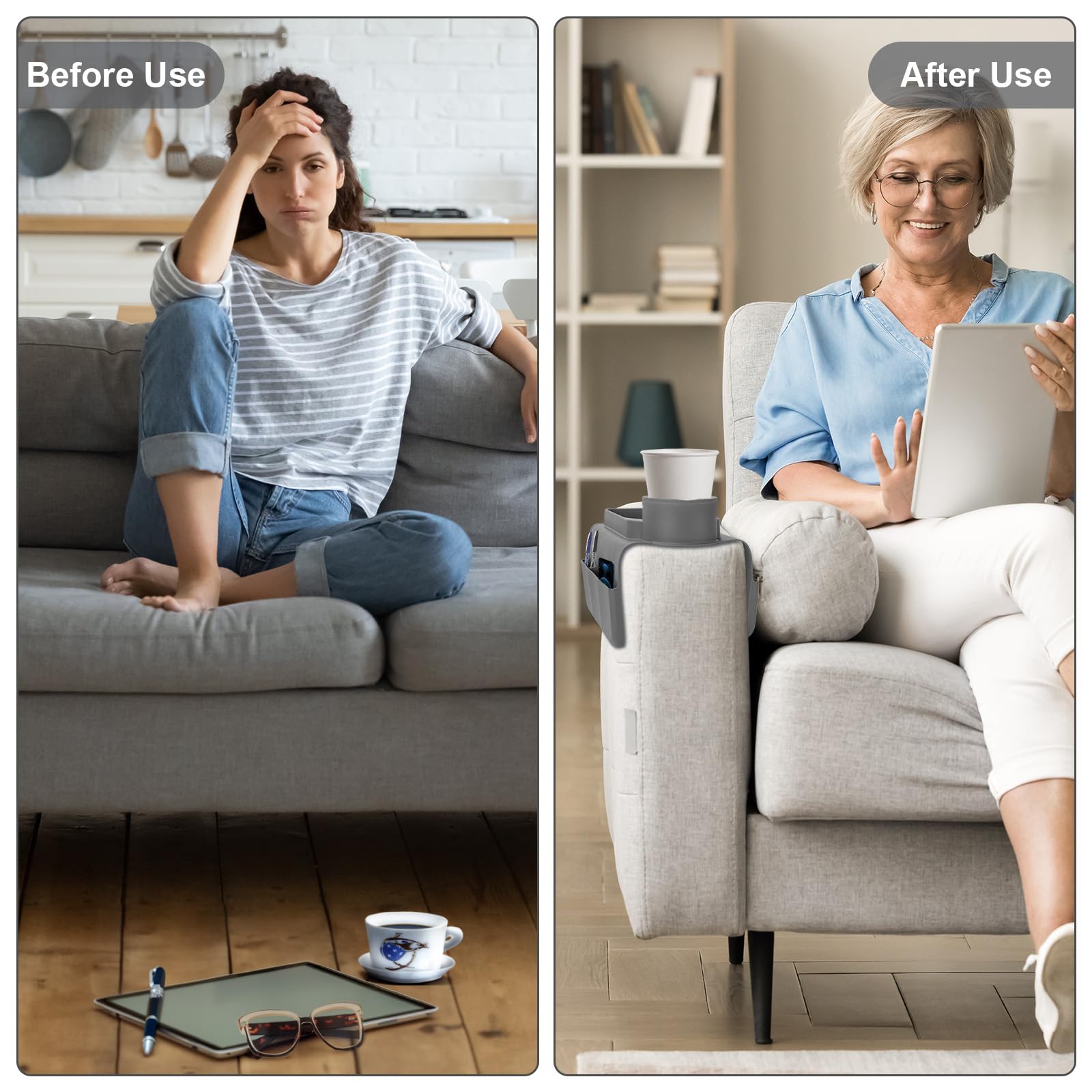 Armlehnen Tablett aus Silikon, Sofatablett mit 2 Seitentaschen, Anti-Spill & Anti-Rutsch, Große Speicherkapazität für Tasse, Telefon, Tablet, Snacks, Grau