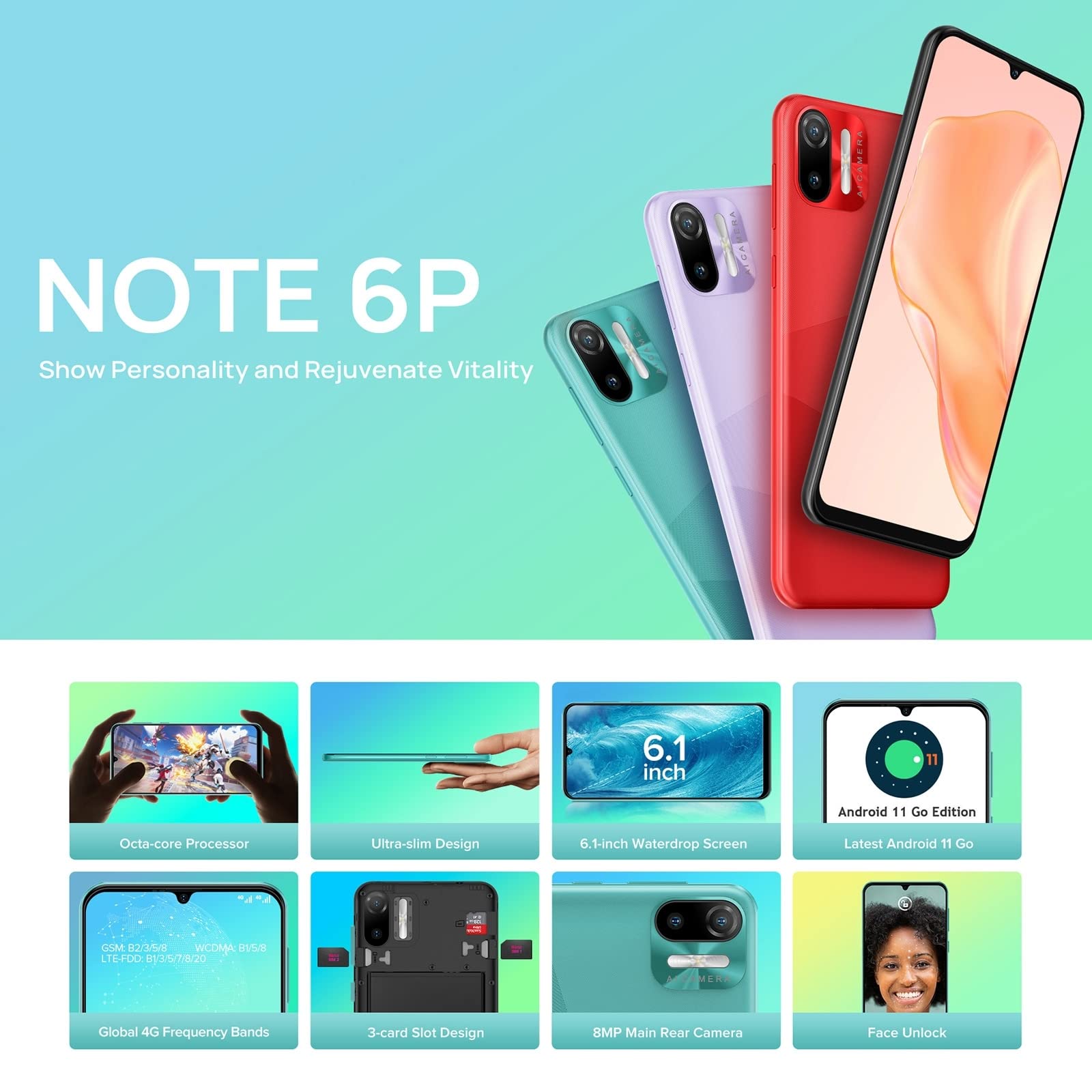 Ulefone 4G Smartphone Offerta del Giorno NOTE 6(P), 8,5mm Ultra Sottile Cellulare DUAL SIM,Schermo HD+ 6,1'', Slot Per 3 Schede, Android 11 Go, 2GB+32GB, Fotocamera 8MP+5MP,GPS Sblocco Facciale Rosso