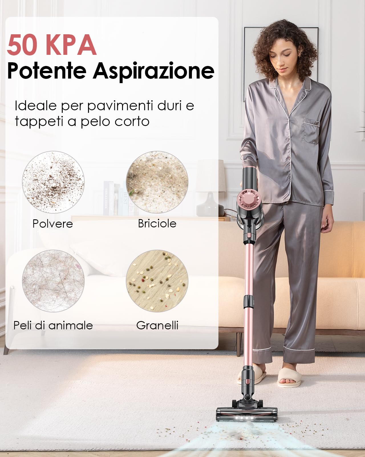 Vexilar V8Plus Aspirapolvere Senza Fili 50KPa/50 Min,Scopa Elettrica Senza Fili Antigroviglio Leggera,Display Touch,Luce LED,Potente Aspirapolvere Senza Sacco per Pavimenti/Tappeti/Peli/Casa