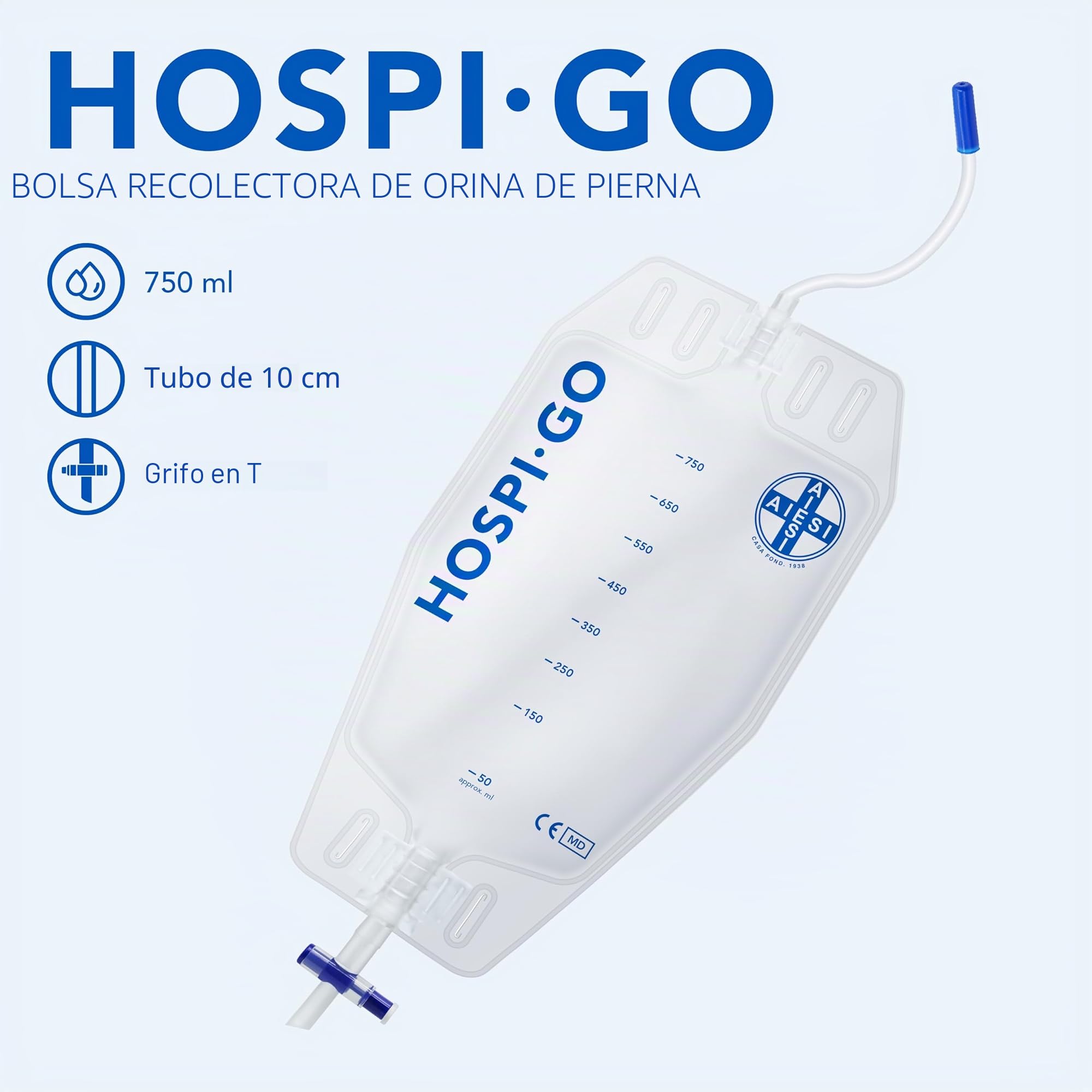 AIESI® Bolsas de orina de piernas capacidad de 750 ml tubo de 10 cm con grifo de descarga cruzado (T) y válvula antirreflujo HOSPI-GO (Paquete de 10 piezas), Espalda en TNT transpirable