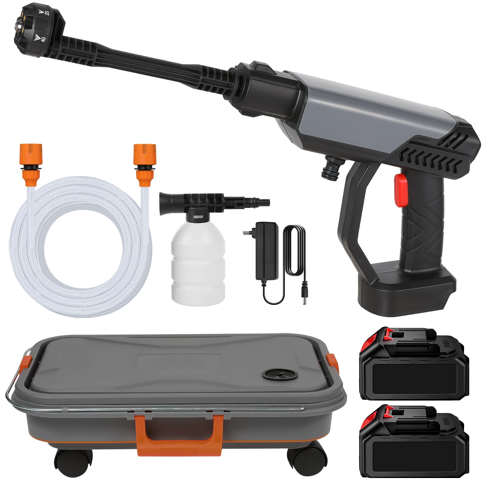 Limpiador de alta presión con depósito de agua plegable, pistola de alta presión inalámbrica de 21 V, con 2 baterías de 15000 mAh, boquilla 6 en 1, máx. 30 bar, limpiador de alta presión para coche