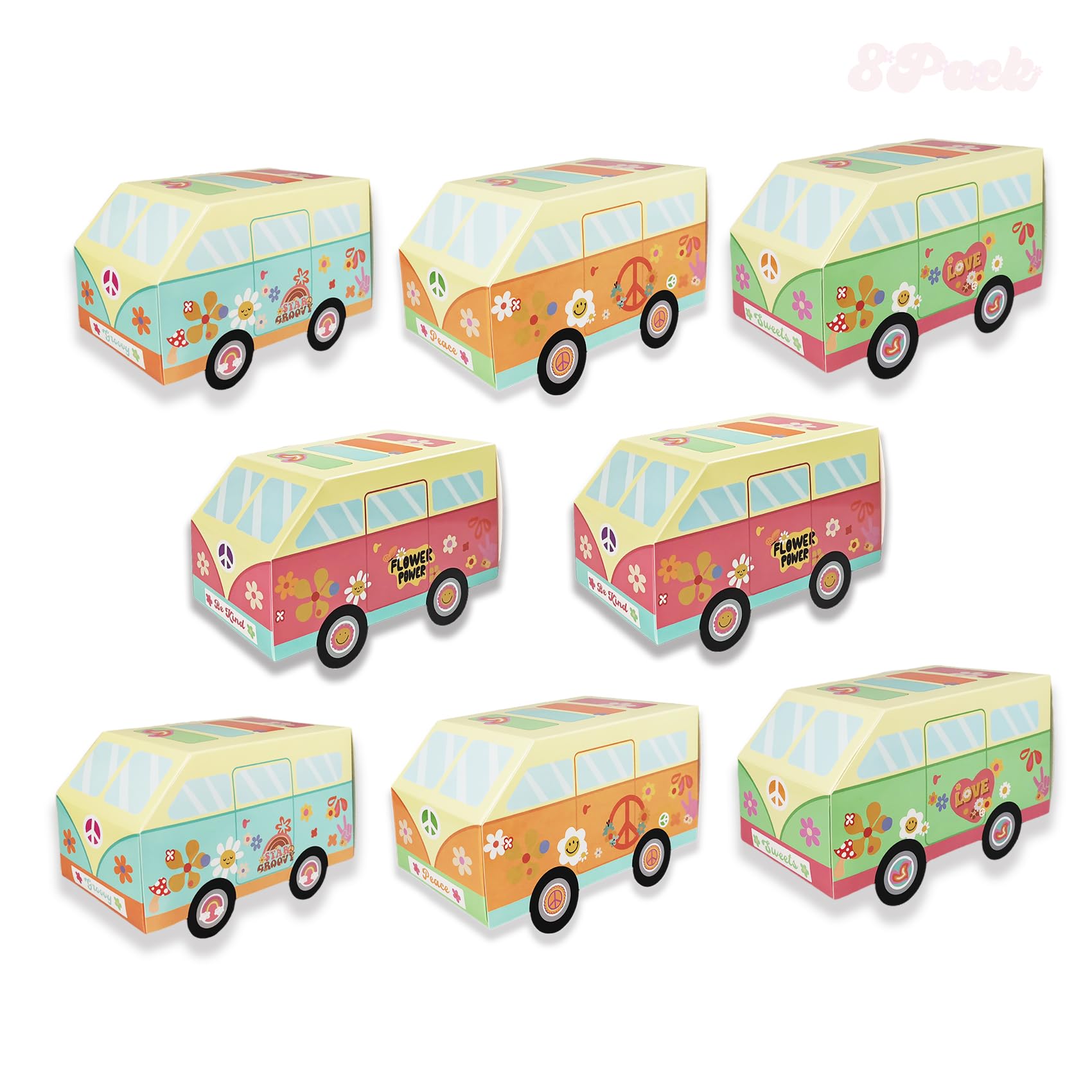 Two Groovy Party Decorations, 12Pcs Hippie Bus Candy Boxes, 70s Accessories Birthday DÉcor, Groovy One Party Favors, Dazed and Engaged Bachelorette Supplies, Daisy Flower Boho Baby Shower Smiley Face (8)
