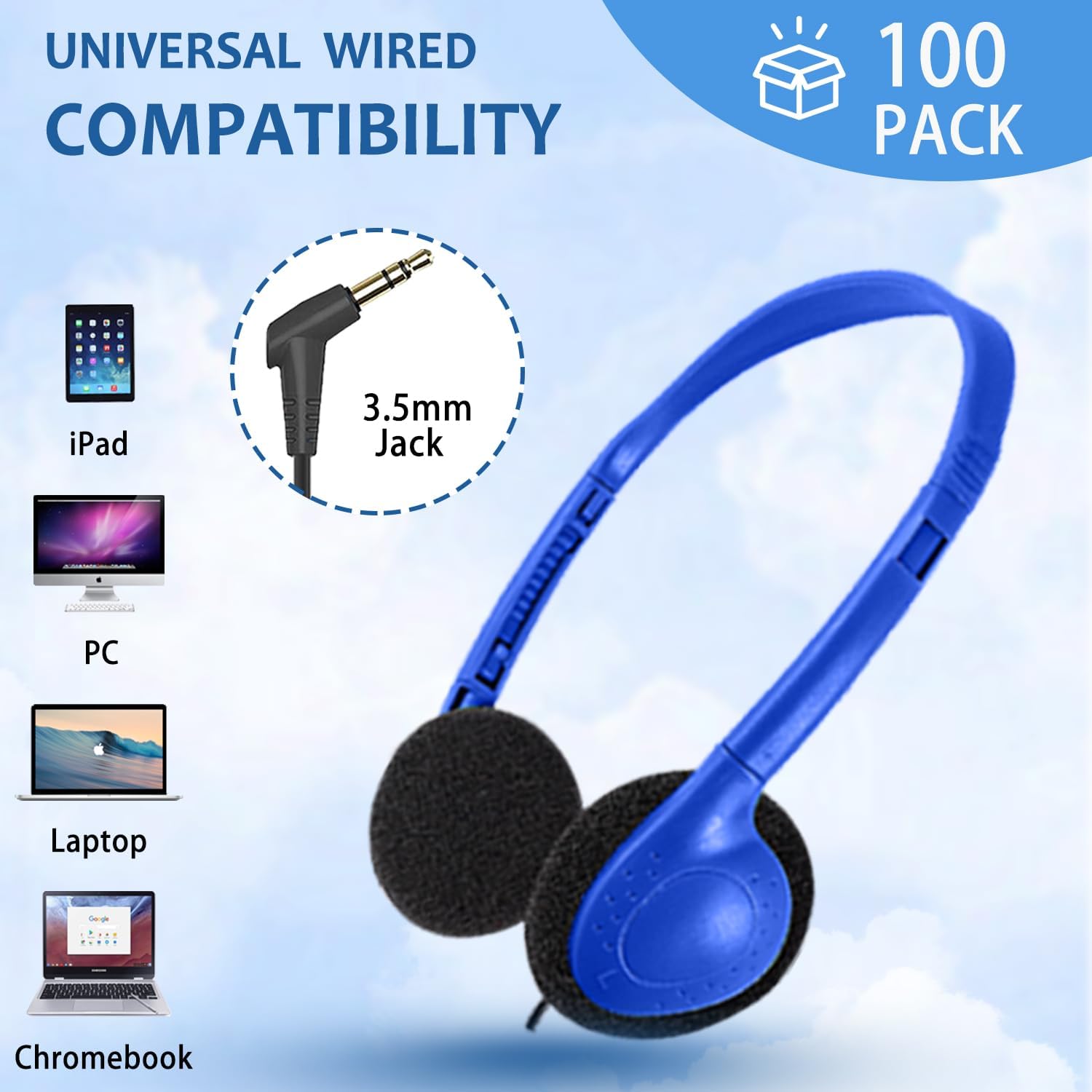 100 Pack Classroom Headphones,Bulk Headphone for Kids Student School, Wired On-Ear Headphones for Chromebook Laptop Computer, Bulk Wholesale, 3.5mm Jack(Blue)