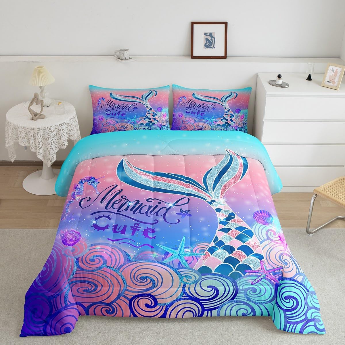Mermaid Tail Comforter Set for Kids,Full Size Mermaid Bedding Sets for Girls,Gradient Rainbow Fish Scale Quilt Set,Pink Watercolor Sealife Seahorse Nautical Duvet Insert with 2 Pillowcases