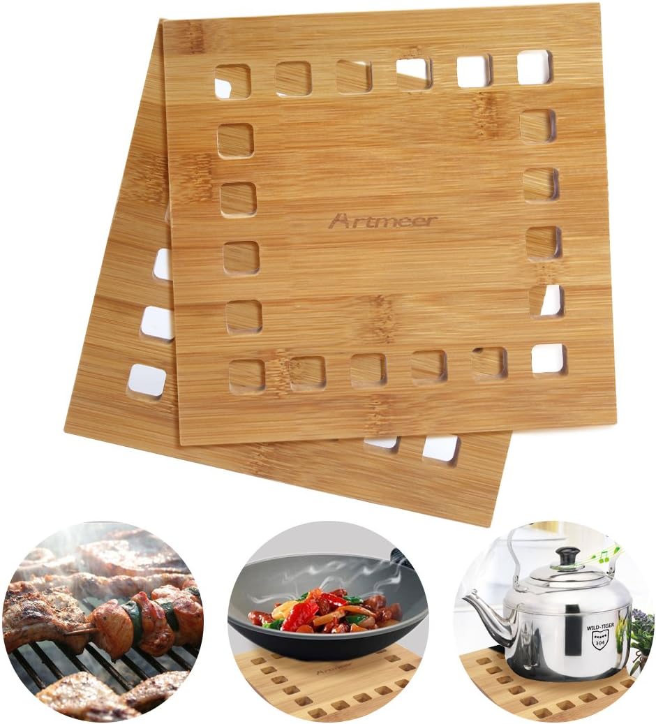 Bamboo Trivet Set of 2 Pack,Trivet Mats Hot Pot Holder Pads For Kitchen Tool is Heat Resistant by Artmeer