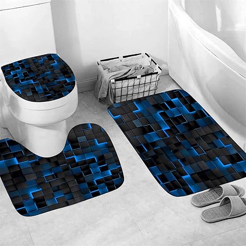 Miniatura 5 de Juego de 4 cortinas de ducha azules con cubos 3D, juego de cortina de ducha moderna para juegos de baño con alfombras, cortina de ducha negra y azul