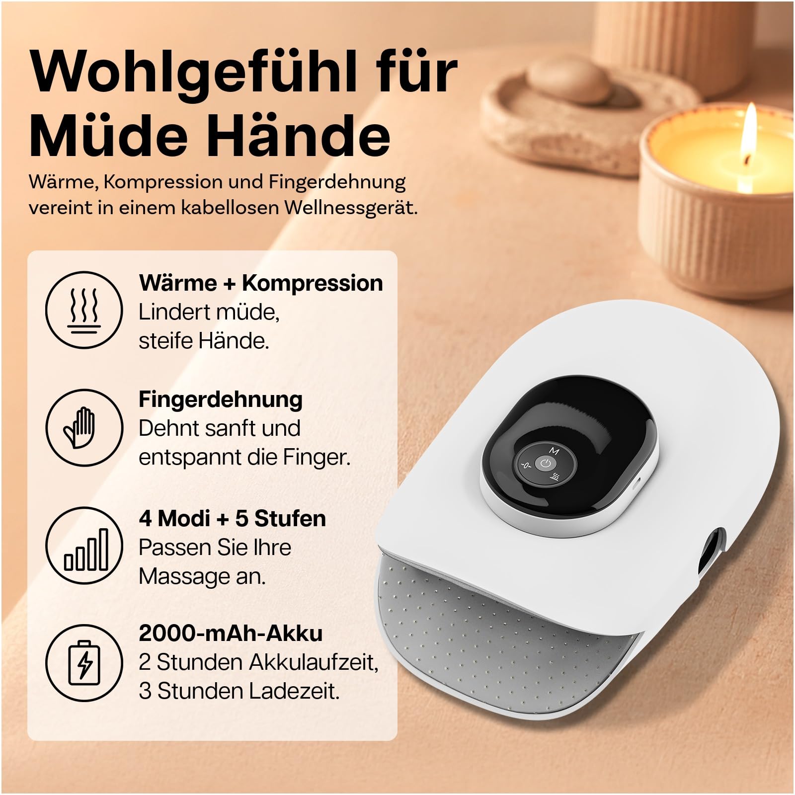 Handmassagegerät mit Wärme und Kompression von MMOBIEL – Kabelloses Smart Handmassager für Arthritis & Karpaltunnelsyndrom mit Fingerstreckung, 3 Wärmestufen & 5 Intensitäten – Geschenk für Frau/Mann
