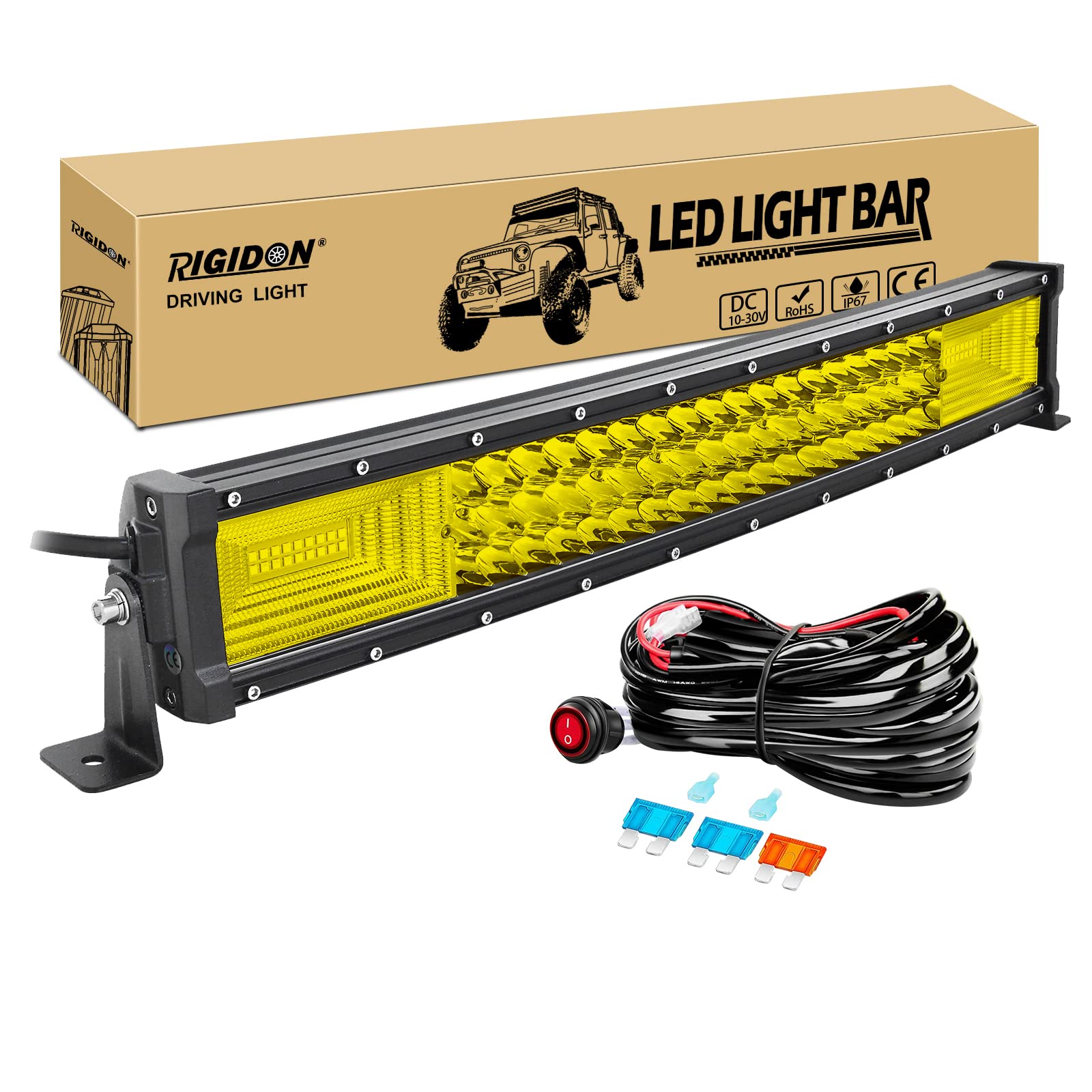 RIGIDON 3000 K żółta zakrzywiona listwa świetlna LED 22 cale 270 W, z zestawem kabli 12 V wiązki okablowania, trójrzędowa lampa robocza do jazdy samochodem terenowym ciężarówki SUV ATV 4 x 4, reflektory Combo Beam, wodoodporna lampa przeciwmgielna