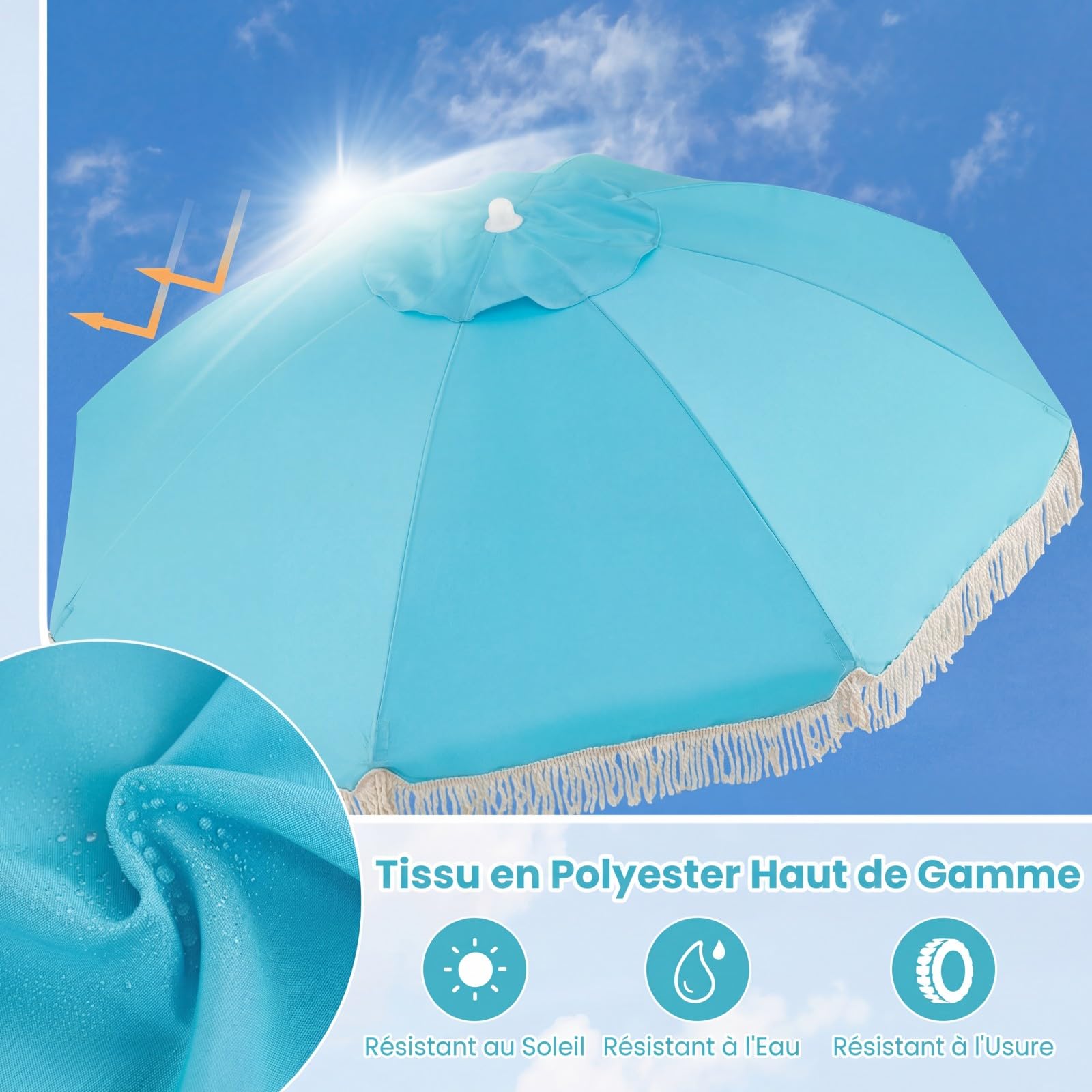 COSTWAY Parasol de Jardin Extérieur avec Franges 180 cm, Parasol Plage Inclinable, 8 Baleines Robustes, 30° Inclinaison, Ouverture Automatique, Style Bohème, pour Balcon Terrasse Piscine