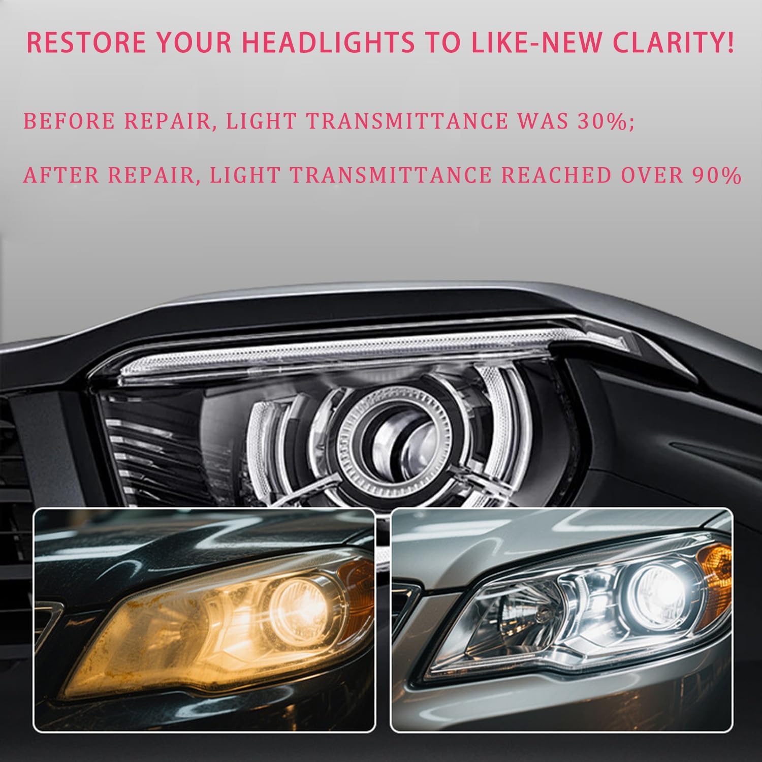Tooporte Headlight Cleaner - Automotive Headlamp Restoration Fluid Kit, Pro Headlight Rejuvenator Kit with Keep Clear Headlight Coating, Instant Oxidation Removal for Yellowing Cloudy (2 Set)
