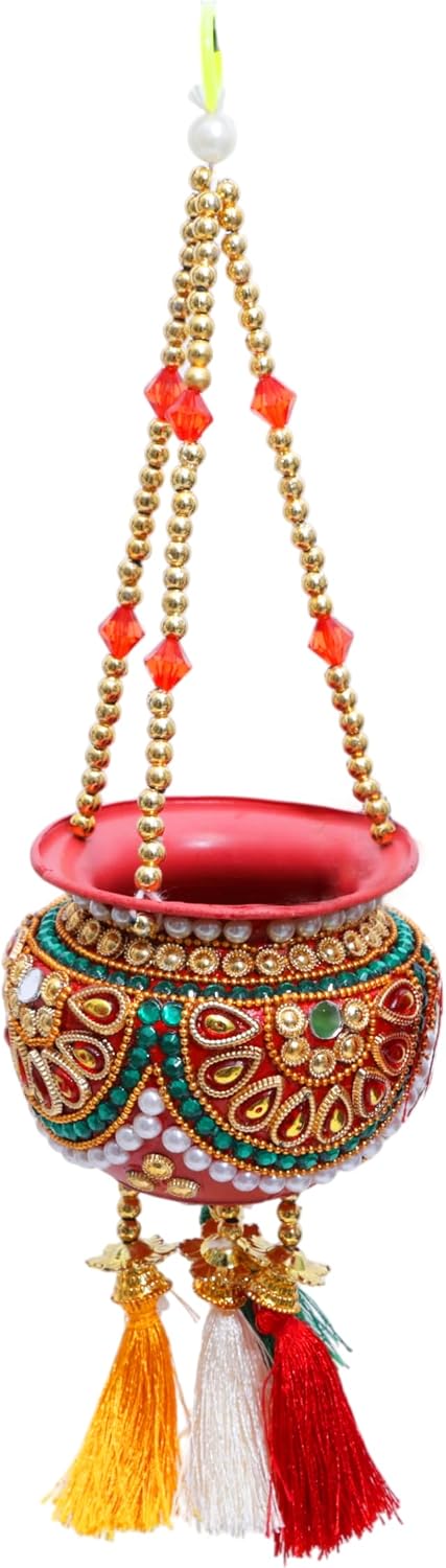 Laddu Gopal Kalash Dahi Handi Hanging Matki Pot Artificial Plastic Indian Traditional Handmade Krishna Matki Pearl Beads Bansuri Stone Work Hanging Pooja Home Decor Janmashtami Festival (Size:-8"X3")