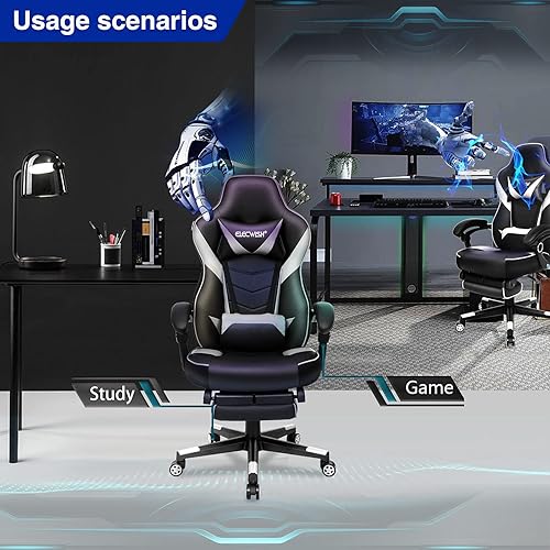 Miniatura 5 de Silla de juegos con masaje para adultos, ergonómica, estilo carreras, respaldo alto, silla de computadora con reposapiés y soporte lumbar, piel