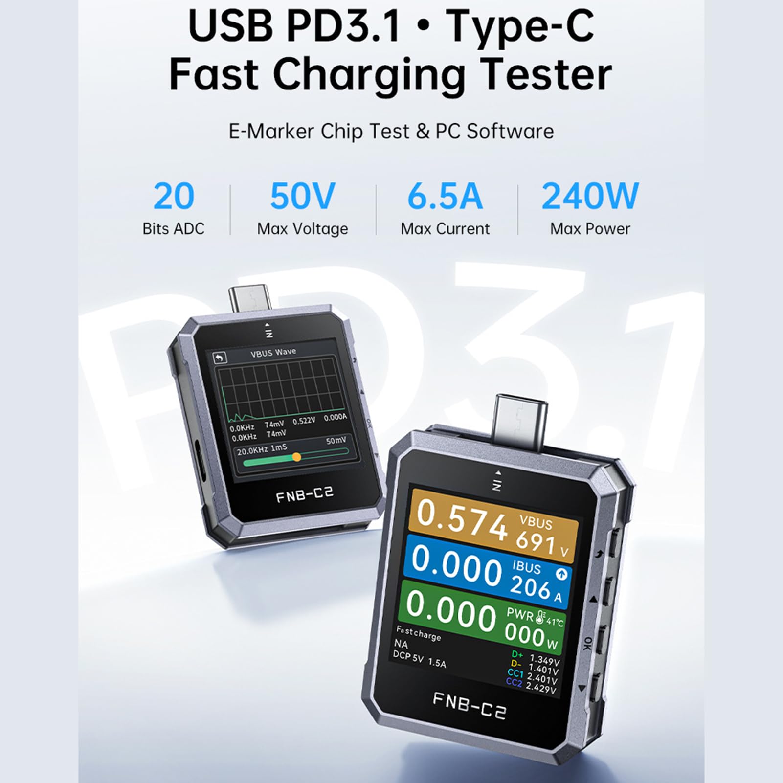 Tester per Cavi USB con Protocollo di Ricarica Rapida, Rilevamento Dell'alta Tensione per Test Completi di compatibilità Tipo C (FNB-C2)