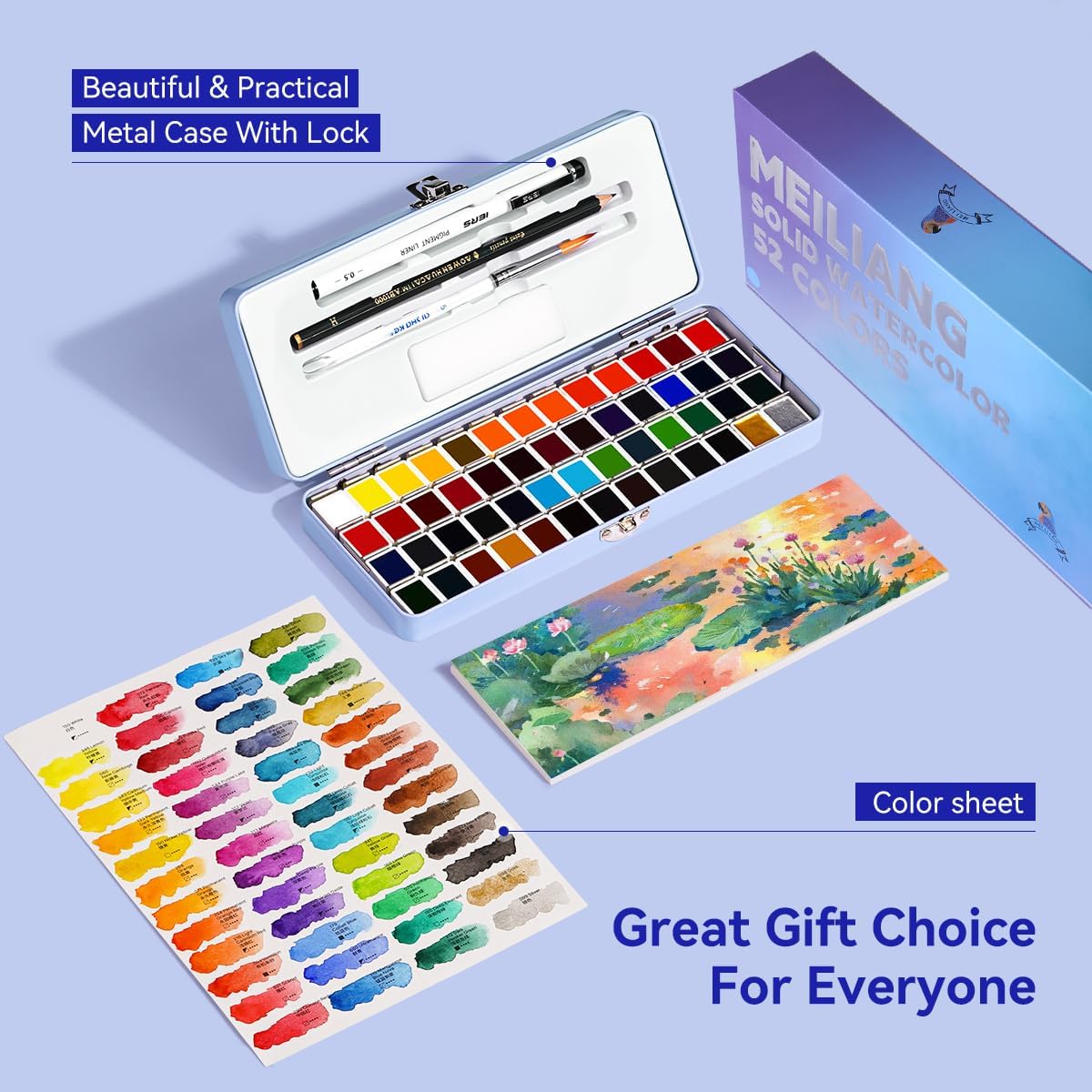 Travel Watercolor Set, 52 Colors Watercolor Paint with 1 Drawing Pencil, 1 Paint Brush, 5 Watercolor Paper, 1 Sponge & 1 Black Drawing Pen, Water Colors Paint Adults Set, Blue Case - Image 5