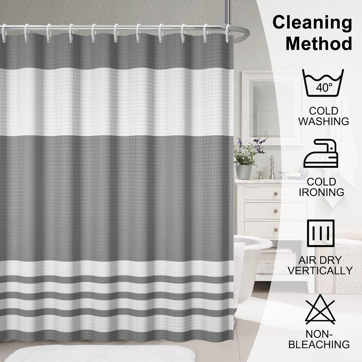 Renaiss Gray Waffle Weave Shower Curtain, Classic Striped Bathroom Shower Curtain Set with Metal Hooks, Modern Shower Curtain for Home Hotel Bathroom, 72W x 74L inches