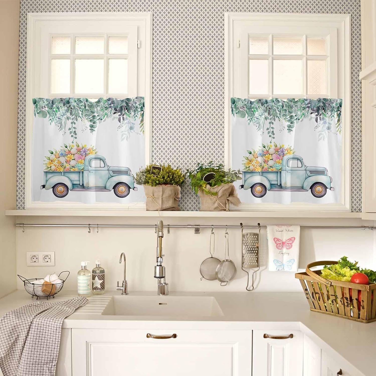 Easter Kitchen Curtain Valance and Tiers 3 Piece Set,Colorful Eggs Rod Pocket Valances,Blue Farm Truck Privacy Tier Curtains,Watercolor Floral Light Filtering Window Treatment for Bathroom Bedroom