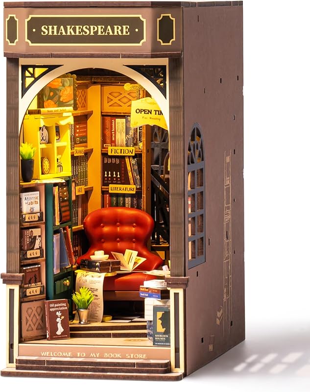 Rolife DIY Book Nook Kit 3D Wooden Puzzles for Adults 8.6 inch Bookstore Miniature House Kit Booknook Bookshelf Insert Decor with LED Lights Craft Kits Family Project Gifts for Girls Boys