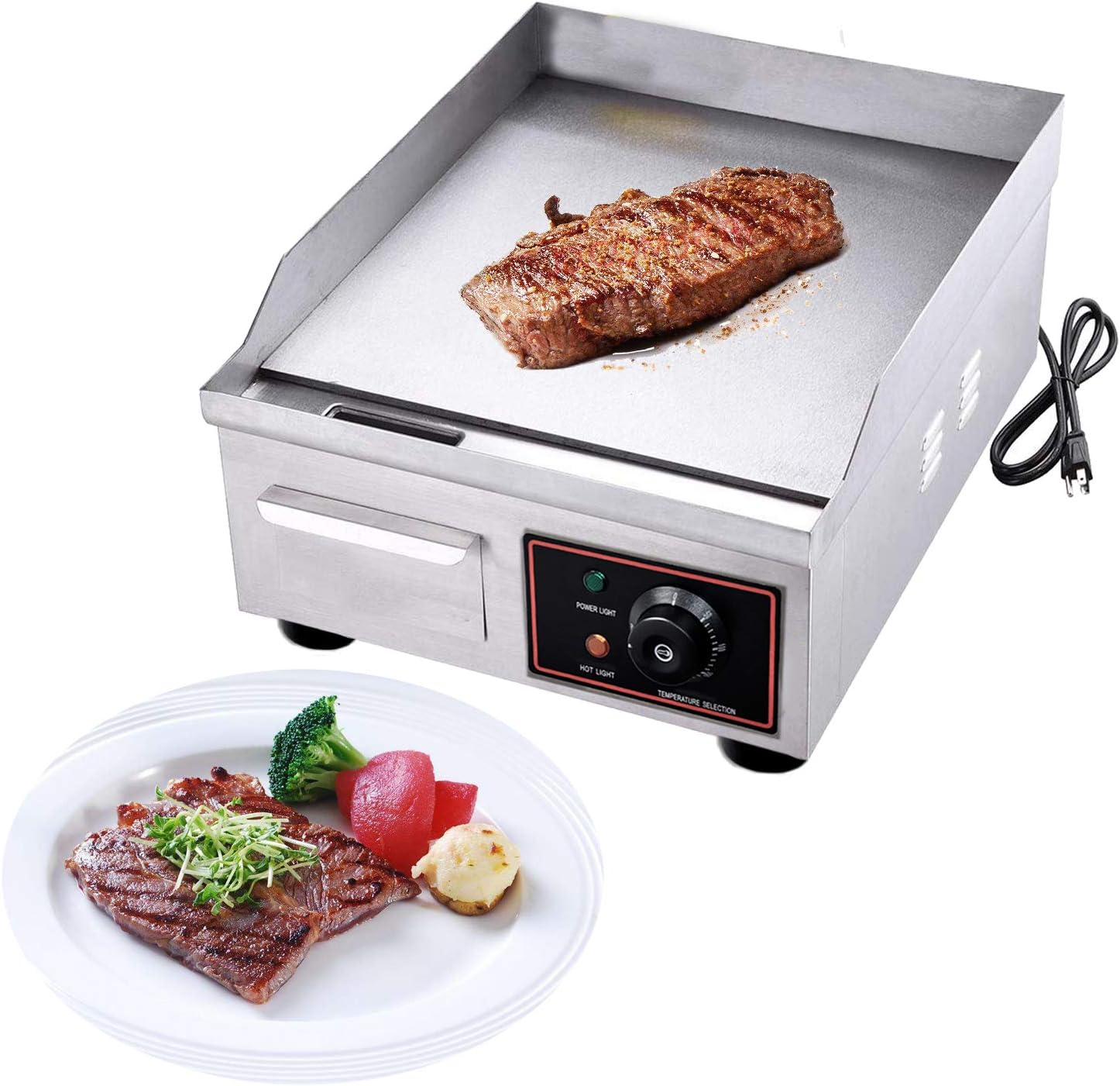 1500W 14" Commercial Electric Countertop Griddle Grill, Stainless Steel Restaurant Grill, Tabletop Flat Grill, with Adjustable Temperture Control, 110V