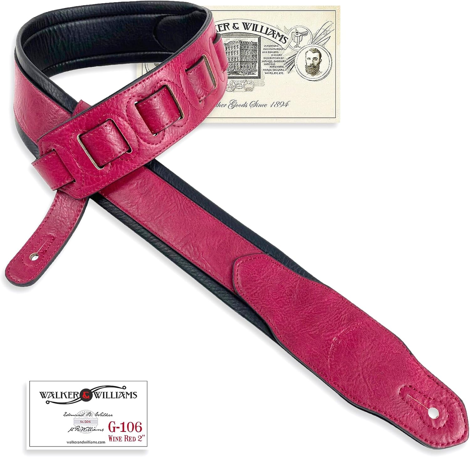 Walker & Williams G-106 Handmade Wine Red 2" Guitar Strap with Padded Glove Leather Back For Acoustic, Electric, And Bass Guitars